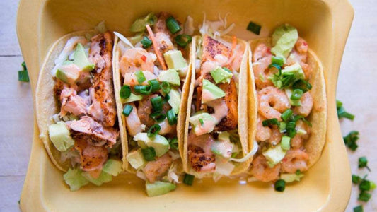 Bang Bang Shrimp & Salmon Tacos displayed on a platter– Easy, Flavorful, and Gluten-Free | Danita Brooks