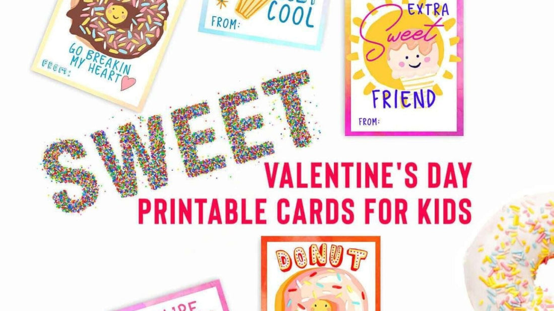 Printable Valentine's Day cards featuring smiling ice cream cones and donuts with colorful sprinkles.