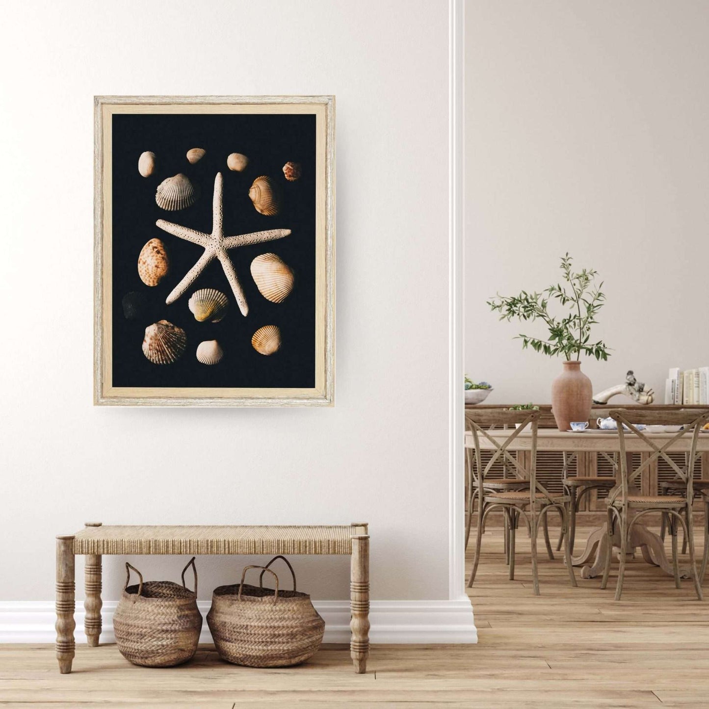 a room with a table and a starfish on the wall