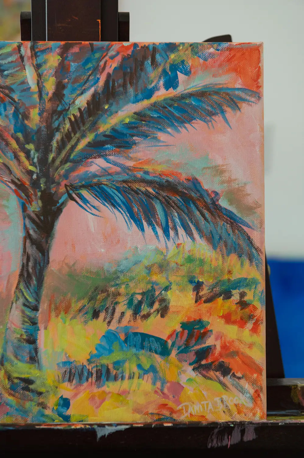 Artist signature on "Cotton Candy Skies" original tropical artwork