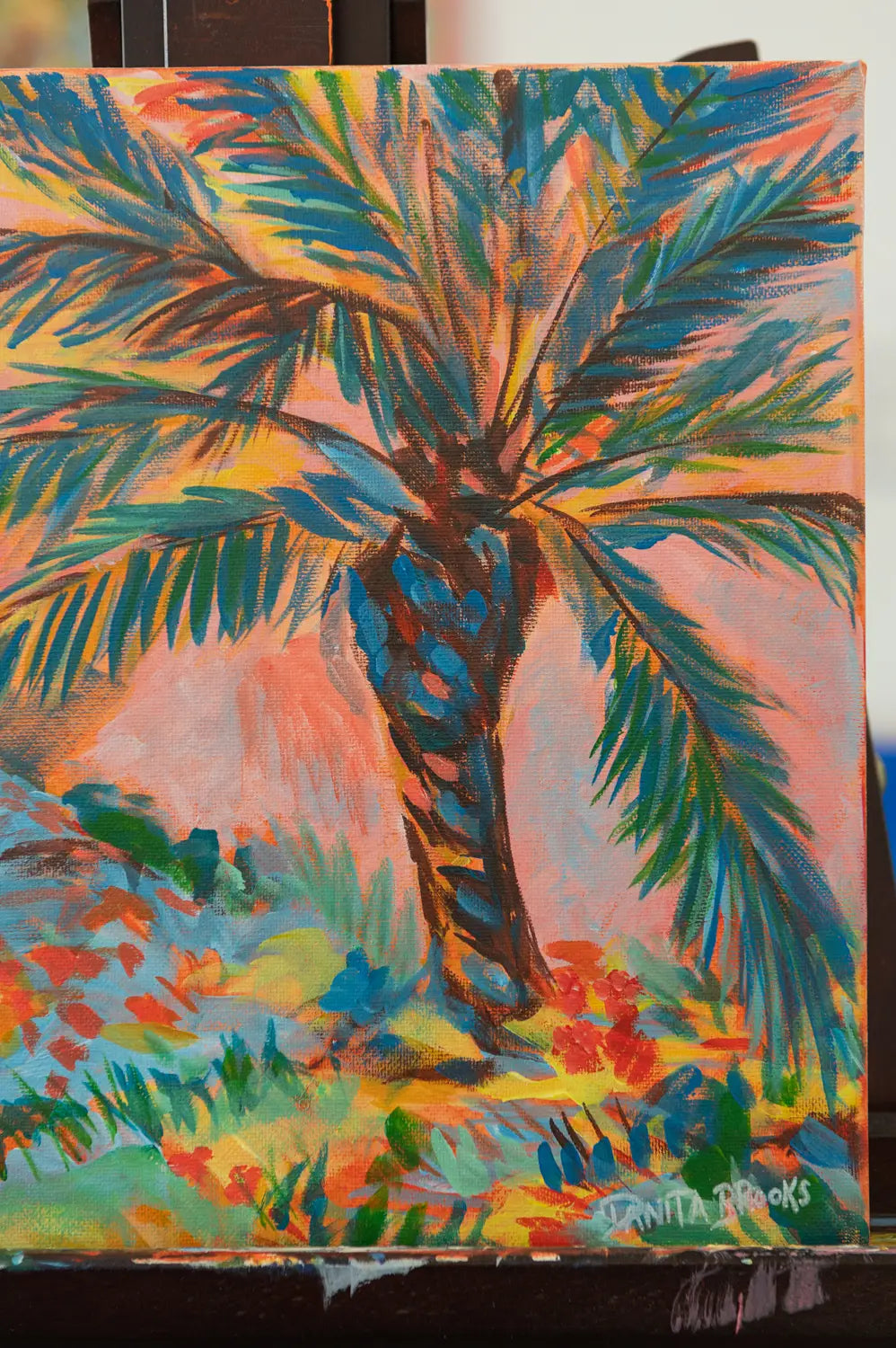 Artist signature on "Sorbet Skies" original palm tree painting