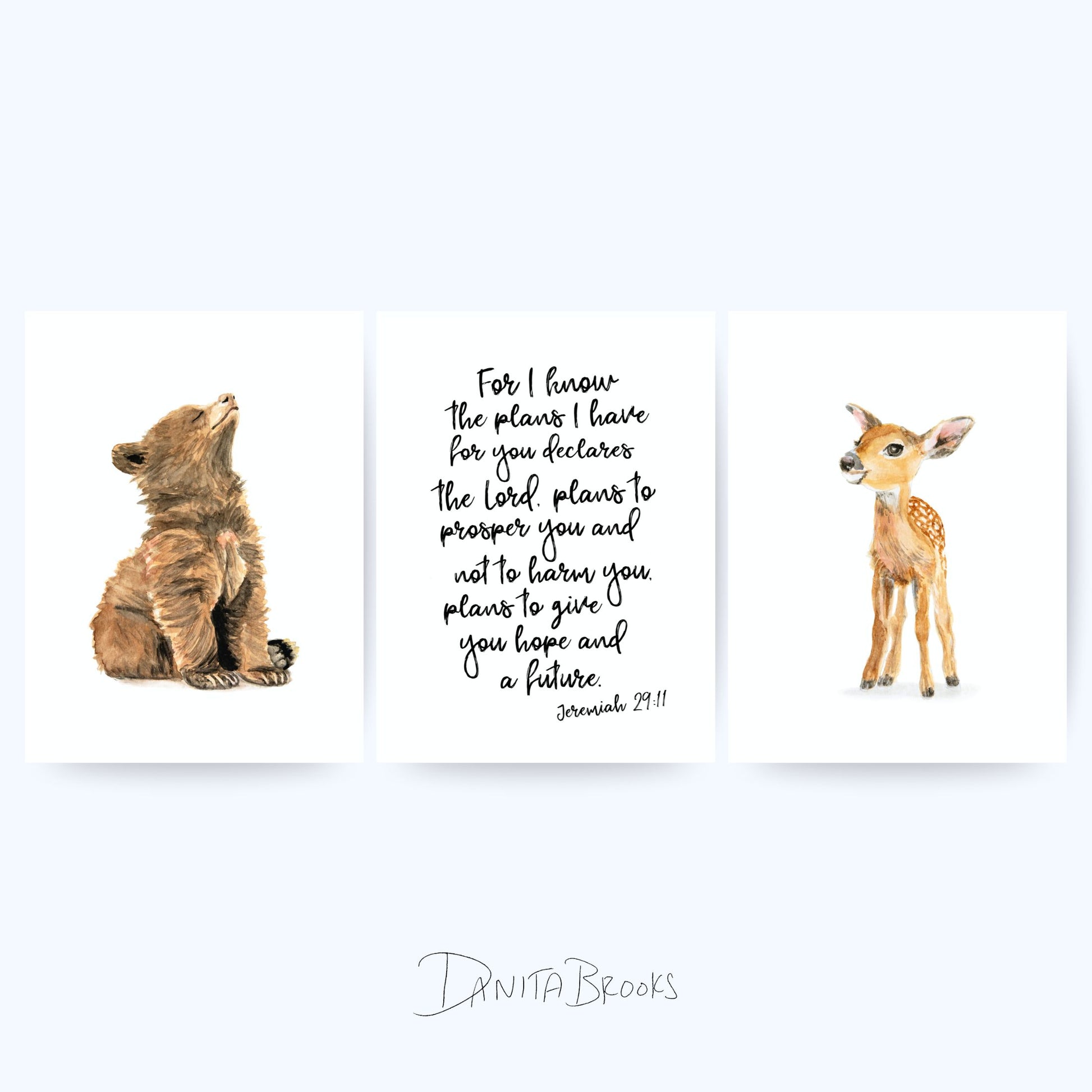 Unframed baby bear, deer, and Jeremiah 29:11 scripture print set – woodland Bible verse nursery wall art