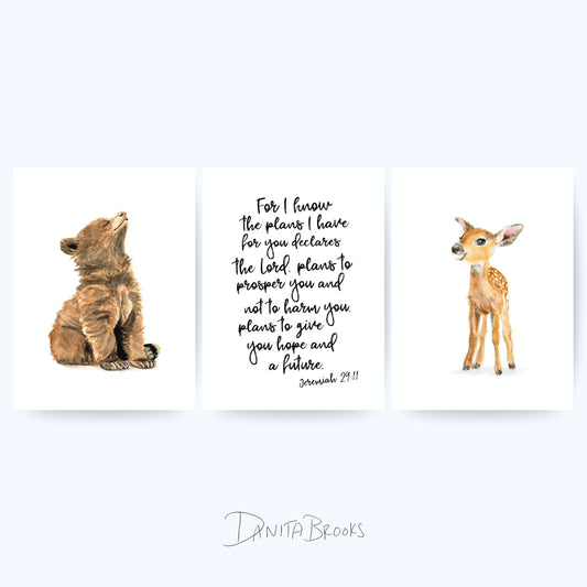 Unframed baby bear, deer, and Jeremiah 29:11 scripture print set – woodland Bible verse nursery wall art