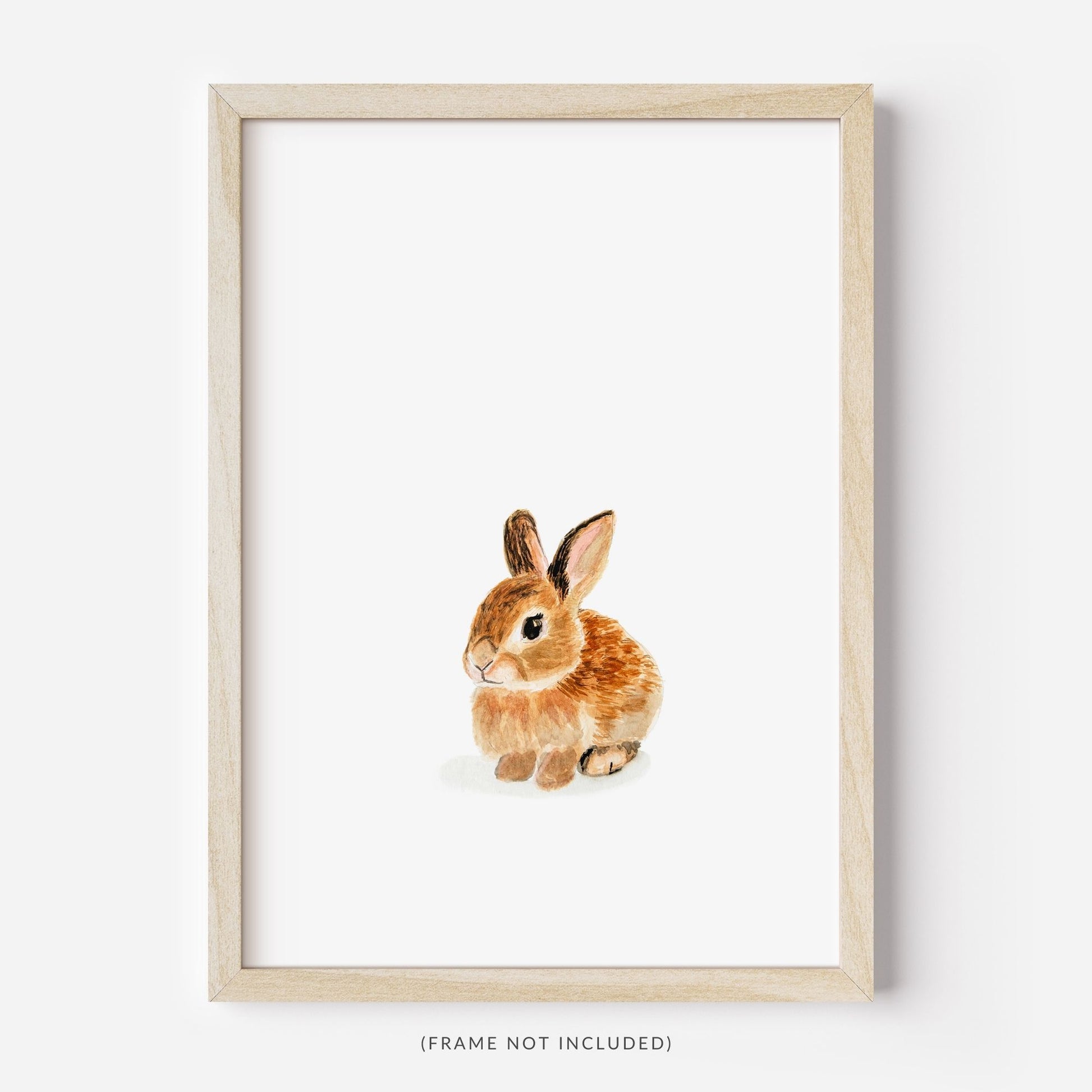 Watercolor baby bunny art print in wood frame – sweet woodland nursery wall decor