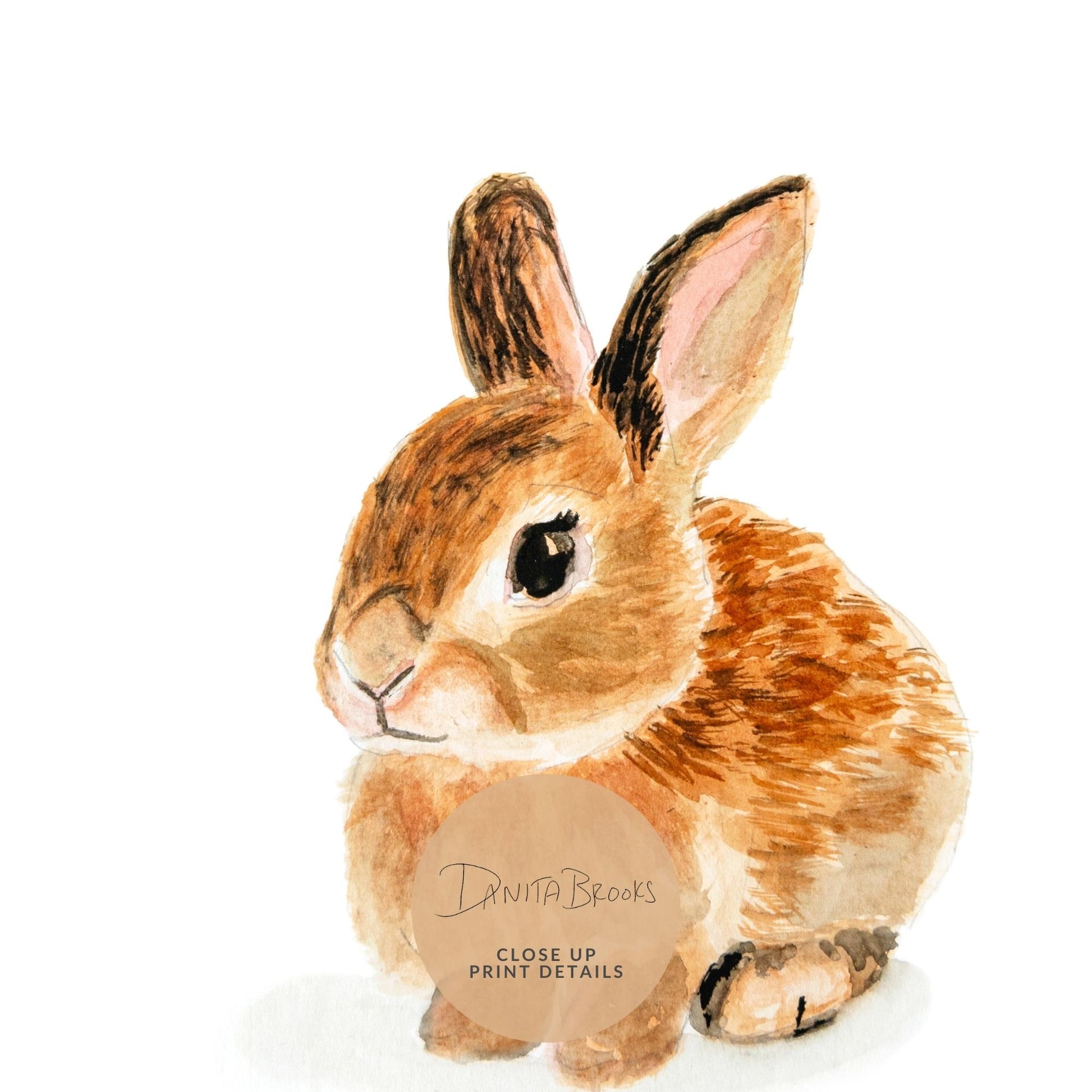 Close-up of baby bunny watercolor print showing soft brushstrokes and calming tones