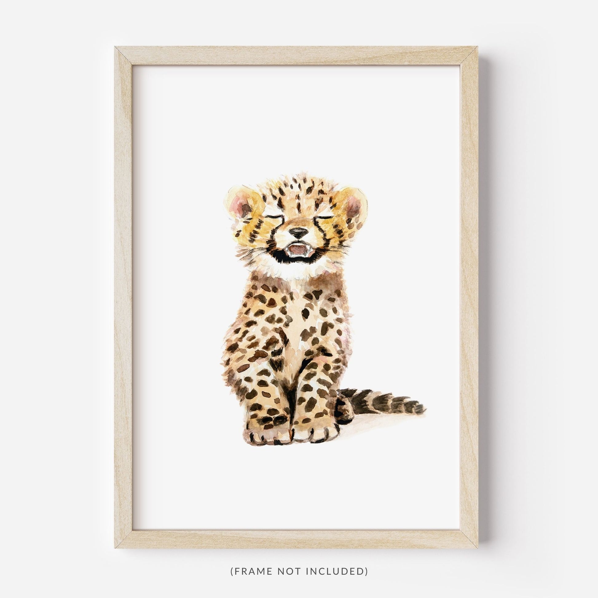 Framed baby cheetah watercolor art print with flower crown – safari nursery wall decor for girls