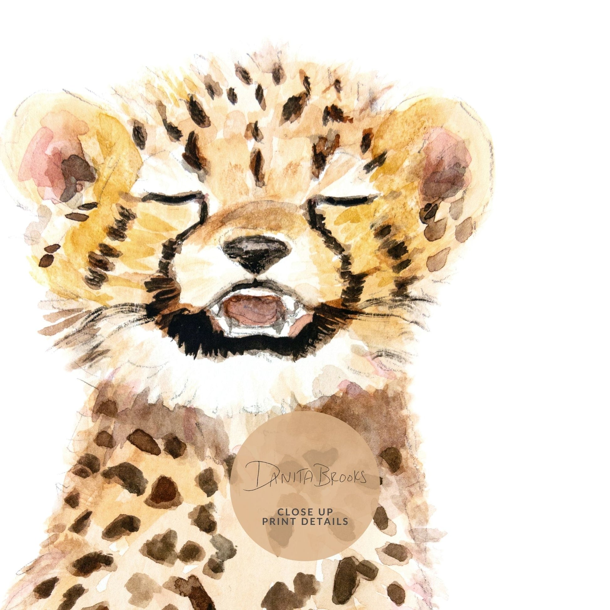 Close-up of watercolor baby cheetah art print by Danita Brooks – safari nursery animal wall art