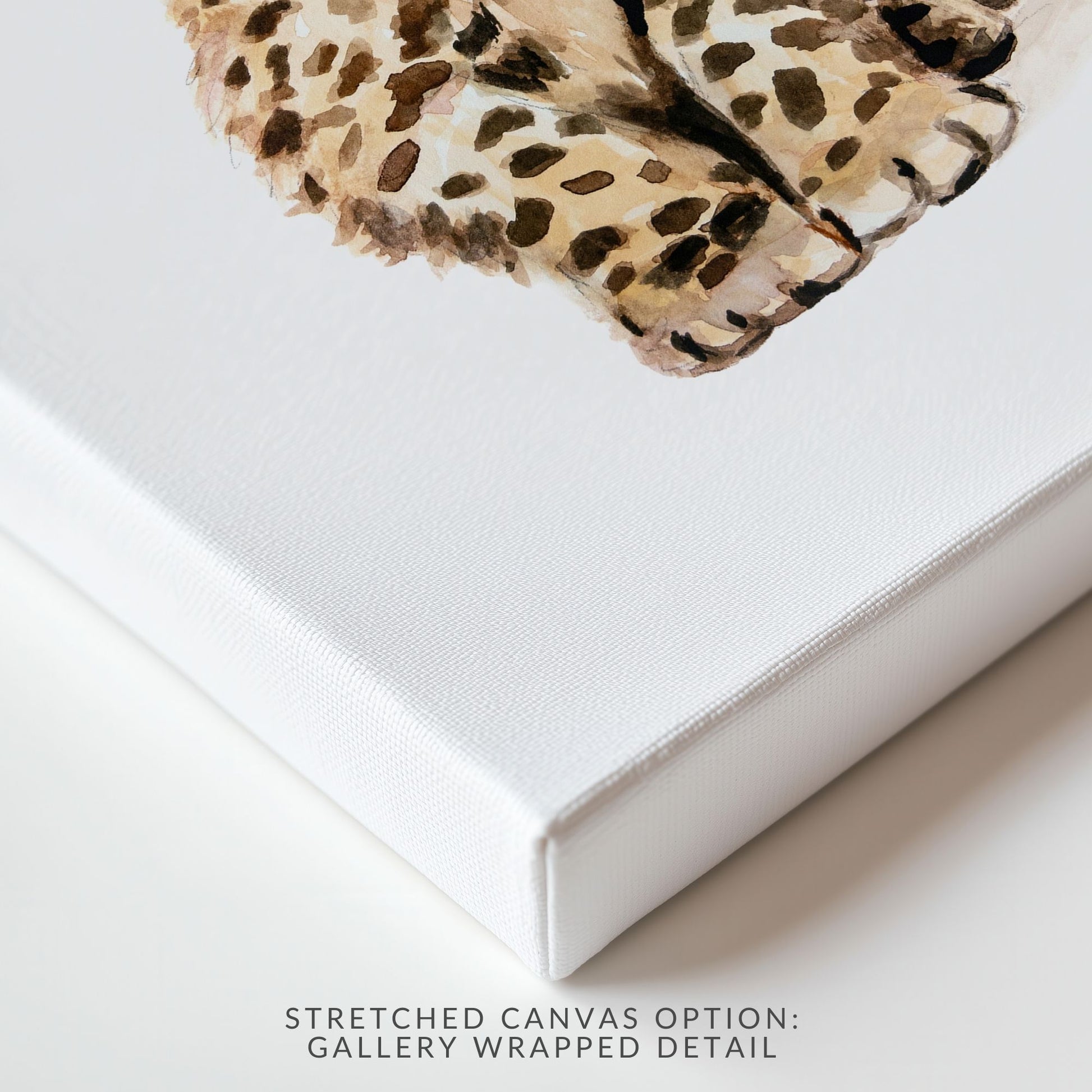 Close-up of stretched canvas option of the watercolor baby cheetah art print by Danita Brooks – safari nursery animal wall art