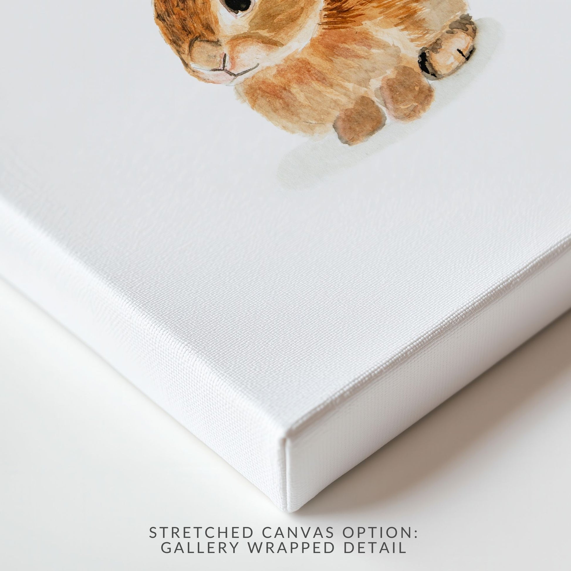Close-up of stretched canvas option of baby bunny watercolor print showing soft brushstrokes and calming tones