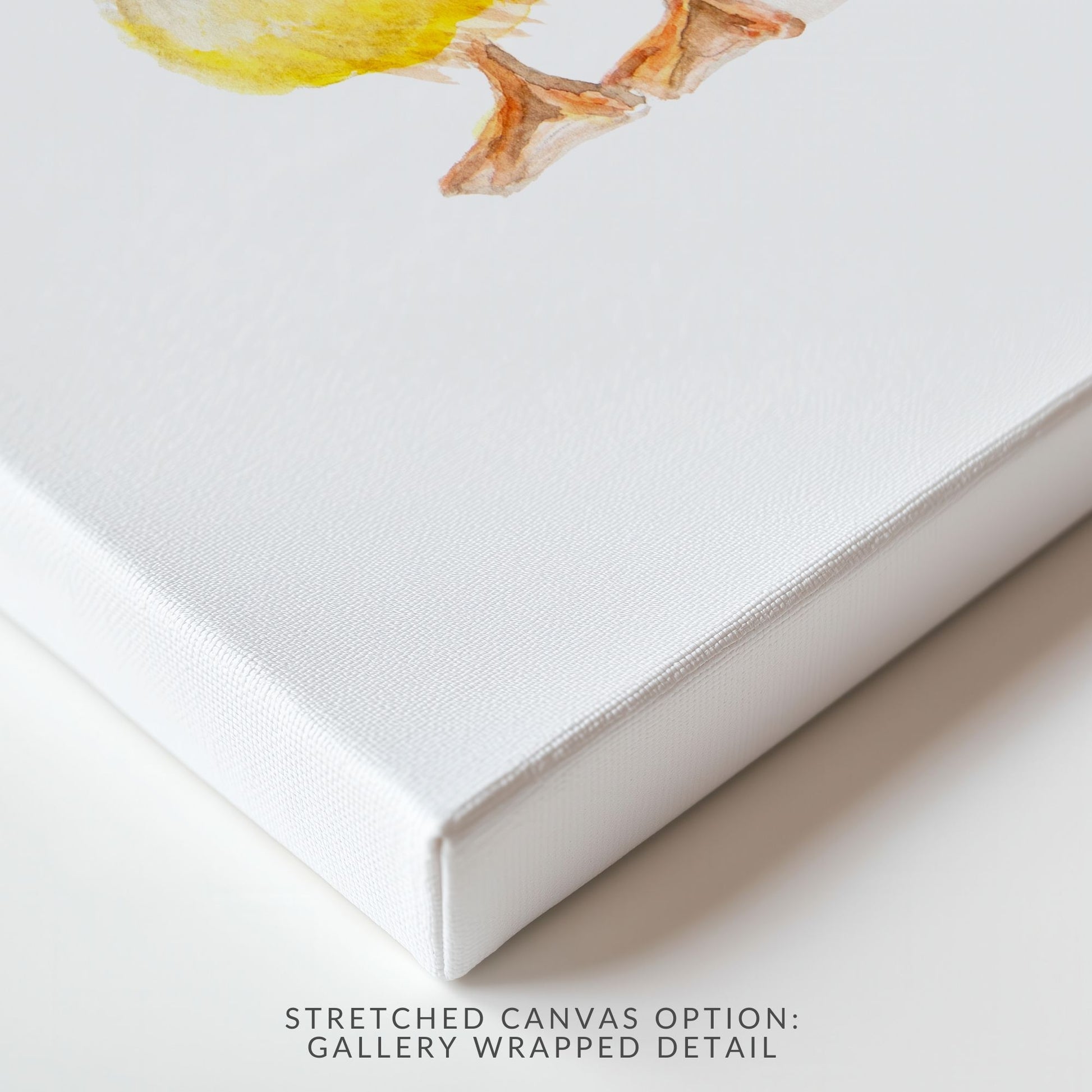 Close-up of stretched canvas option of the flower crown duck art print showing soft watercolor texture and gentle duckling face