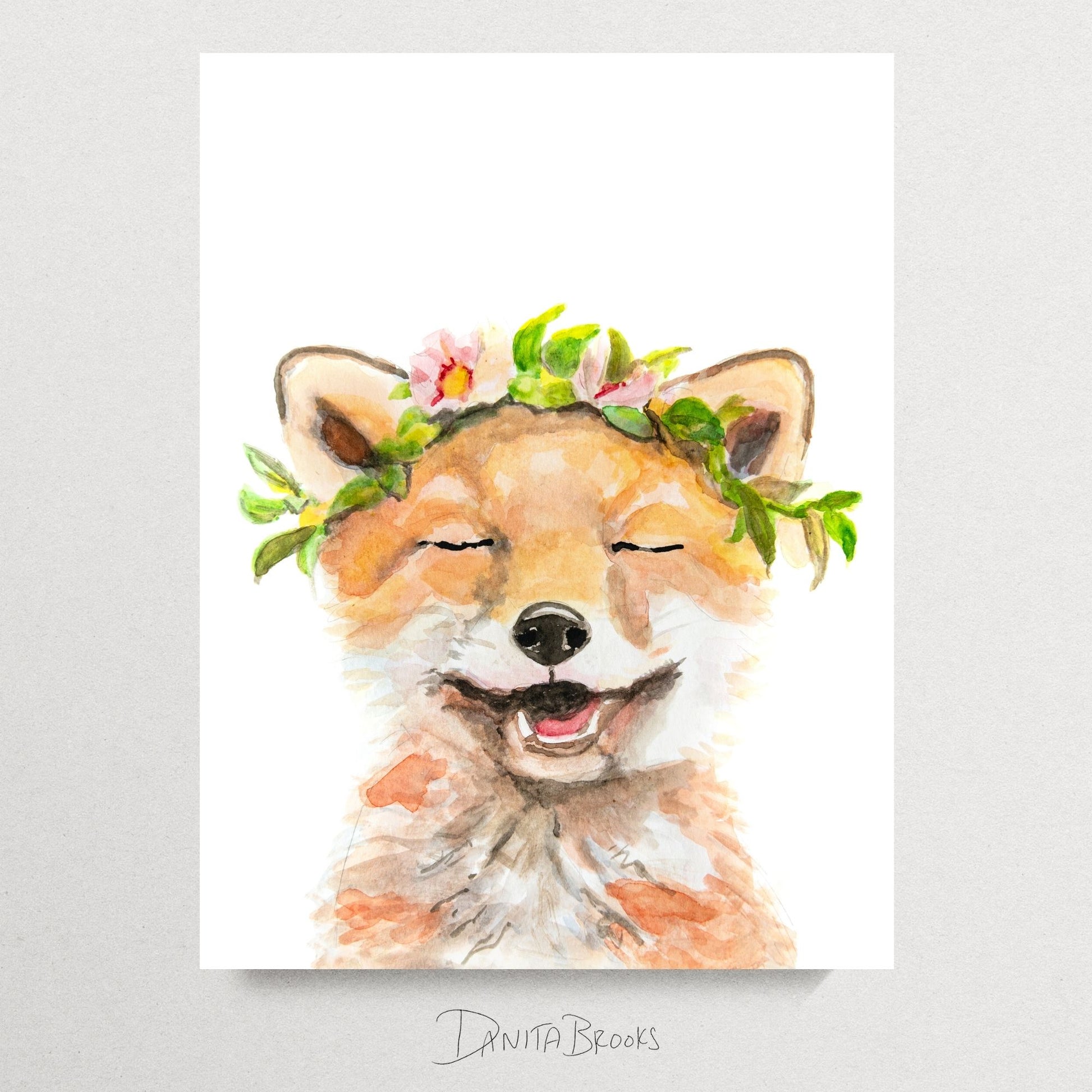 Unframed watercolor fox with floral crown – woodland animal art print for baby girl nursery