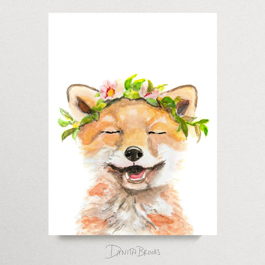 Unframed watercolor fox with floral crown – woodland animal art print for baby girl nursery