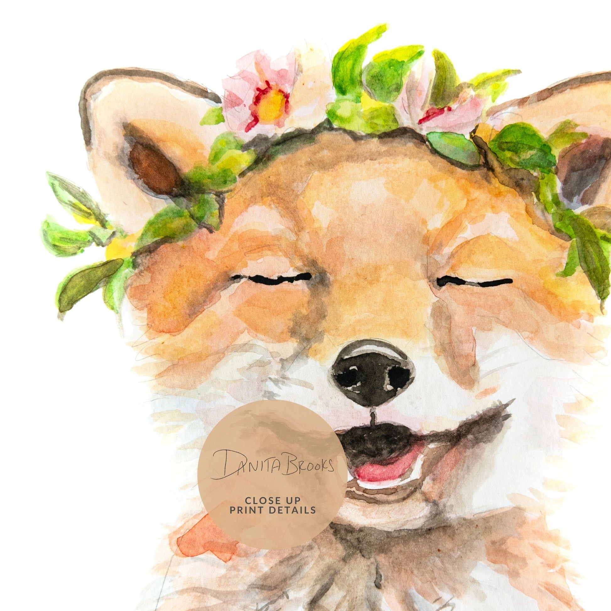 Closeup details of woodland nursery flower crown fox print – sweet animal wall decor for baby girl’s room made for original watercolor paintings by Danita Brooks