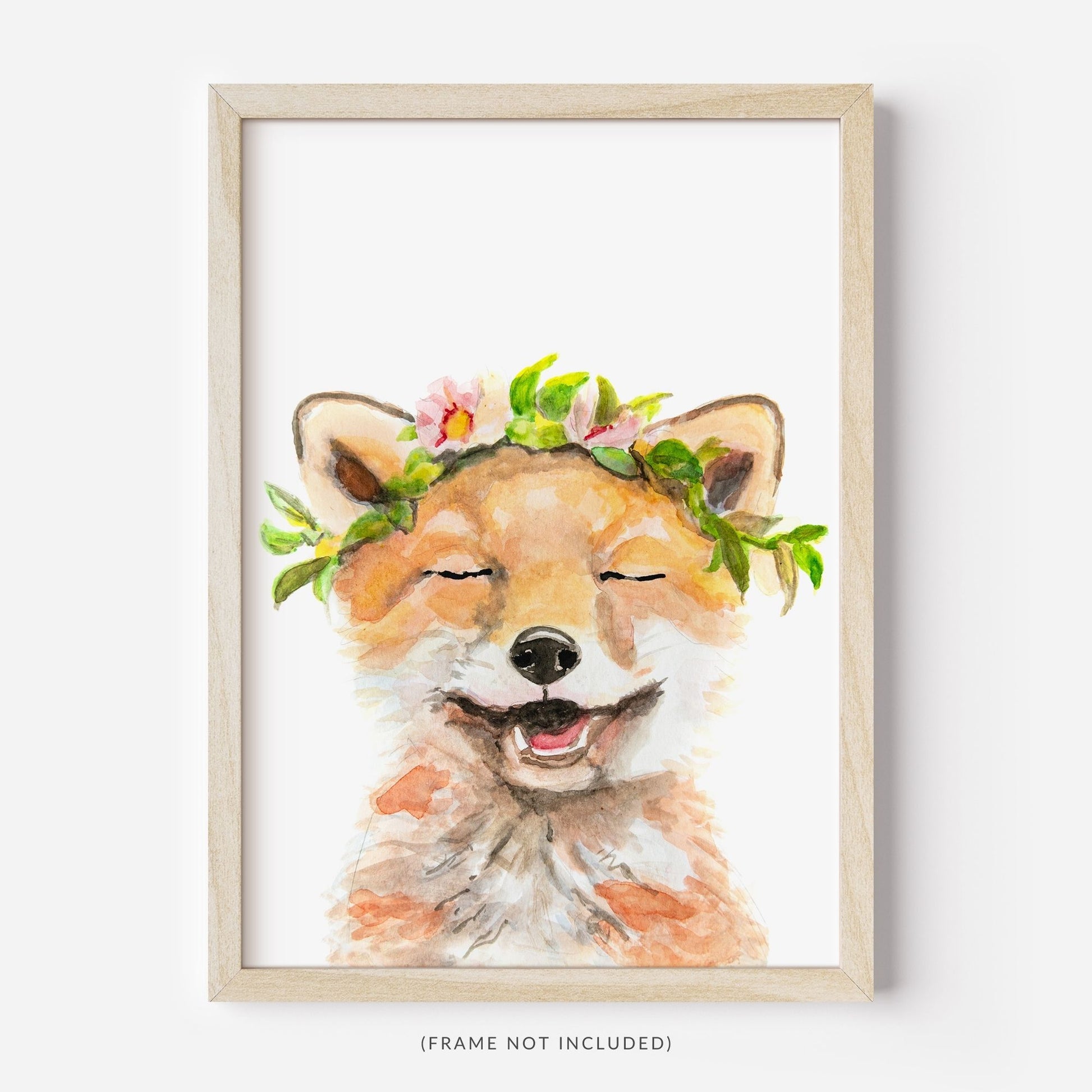 Flower crown fox watercolor art print in wooden frame – whimsical woodland nursery wall decor