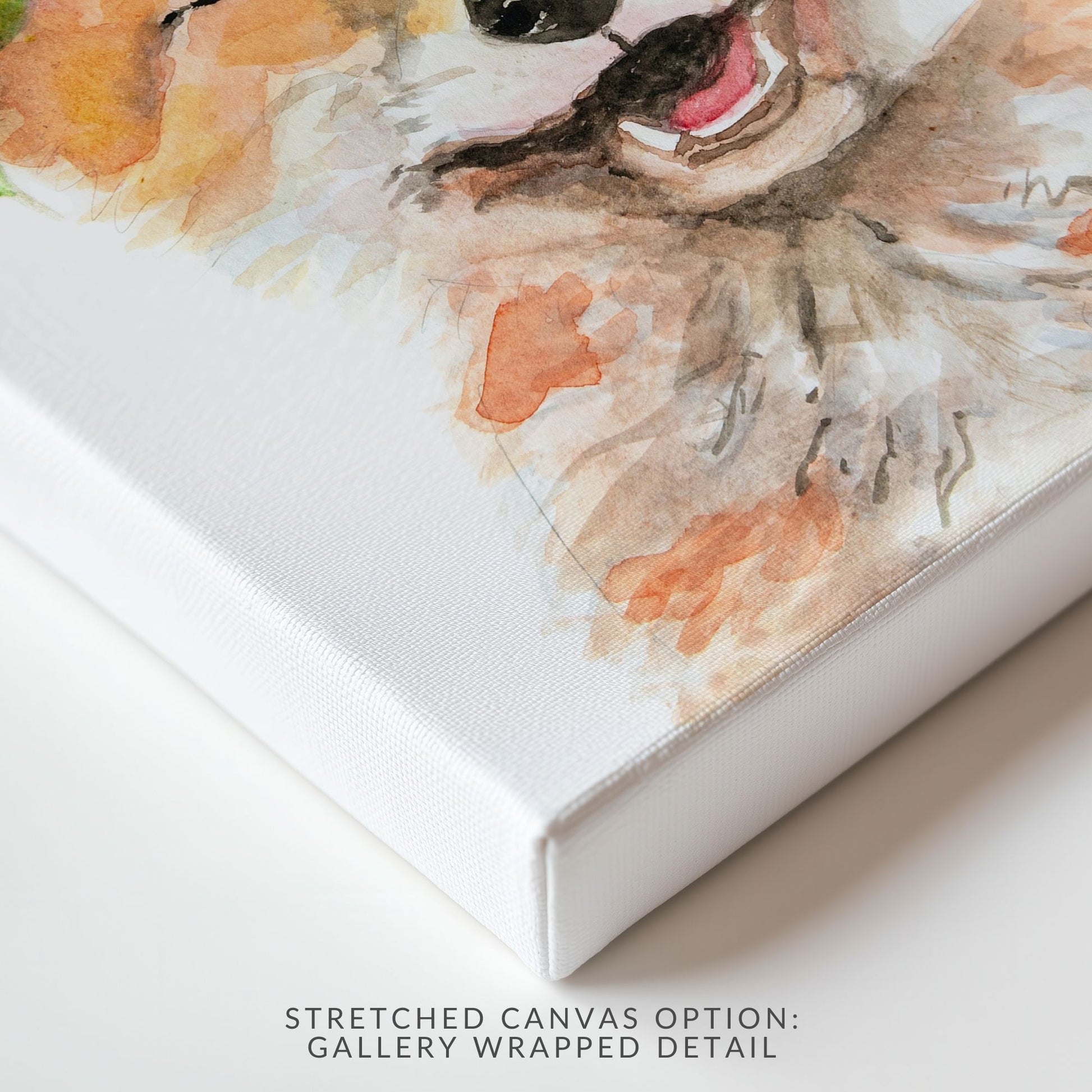 Closeup details of stretched canvas option of woodland nursery flower crown fox print – sweet animal wall decor for baby girl’s room made for original watercolor paintings by Danita Brooks