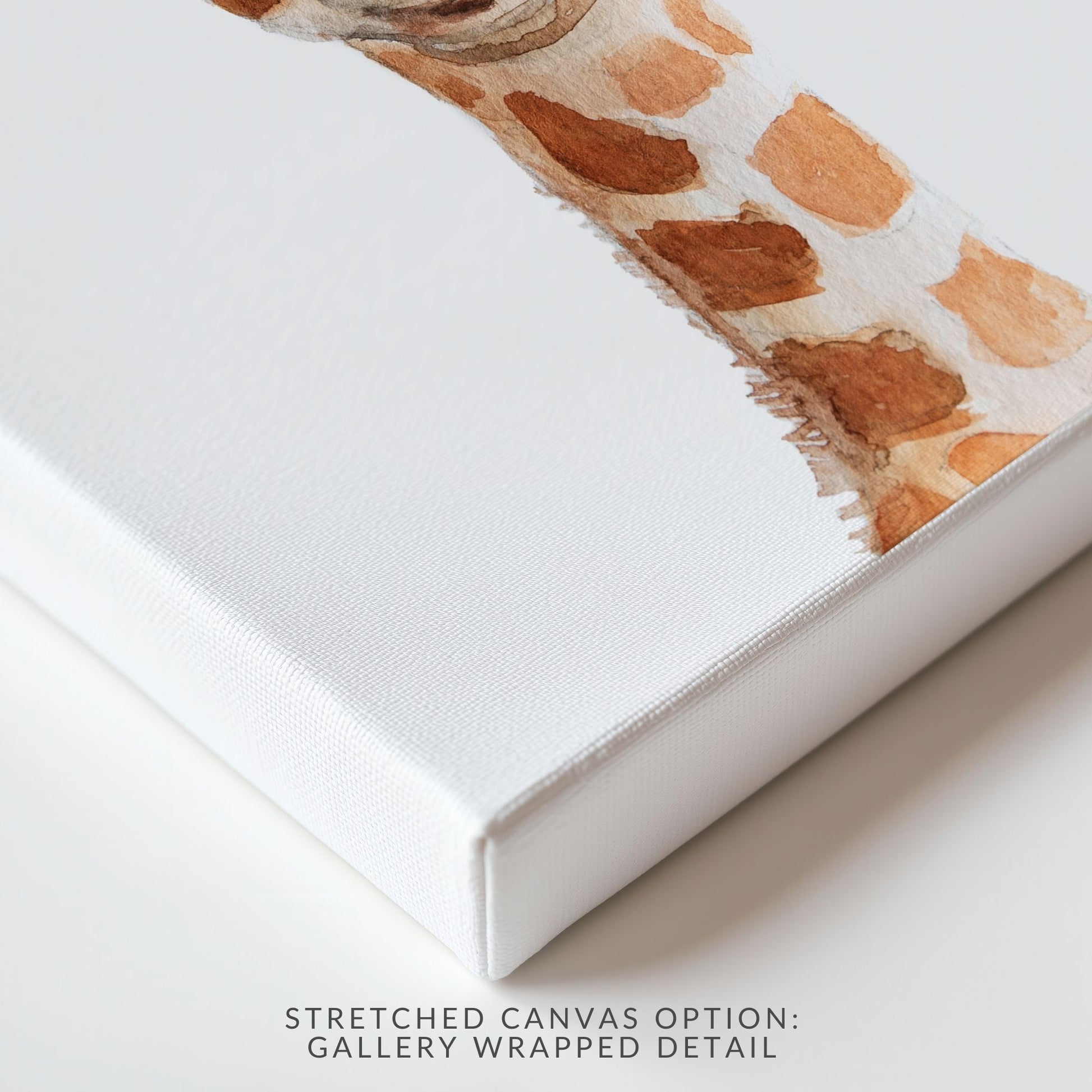 Stretched canvas print of watercolor giraffe with flower crown showing gallery-wrapped edge