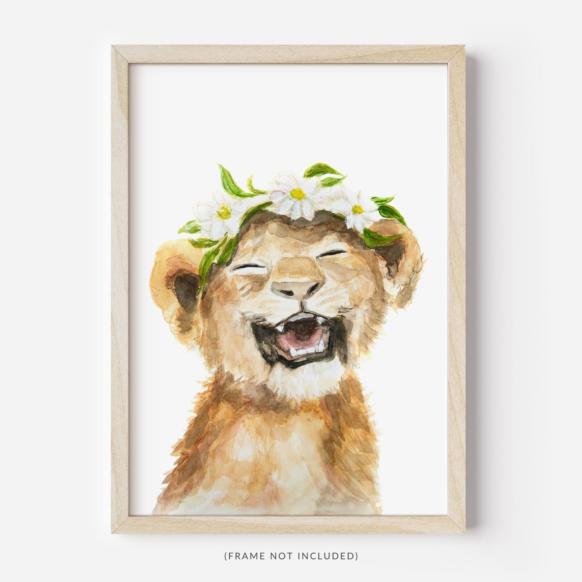 Framed watercolor baby lion cub art print with flower crown – safari nursery wall decor for girls room