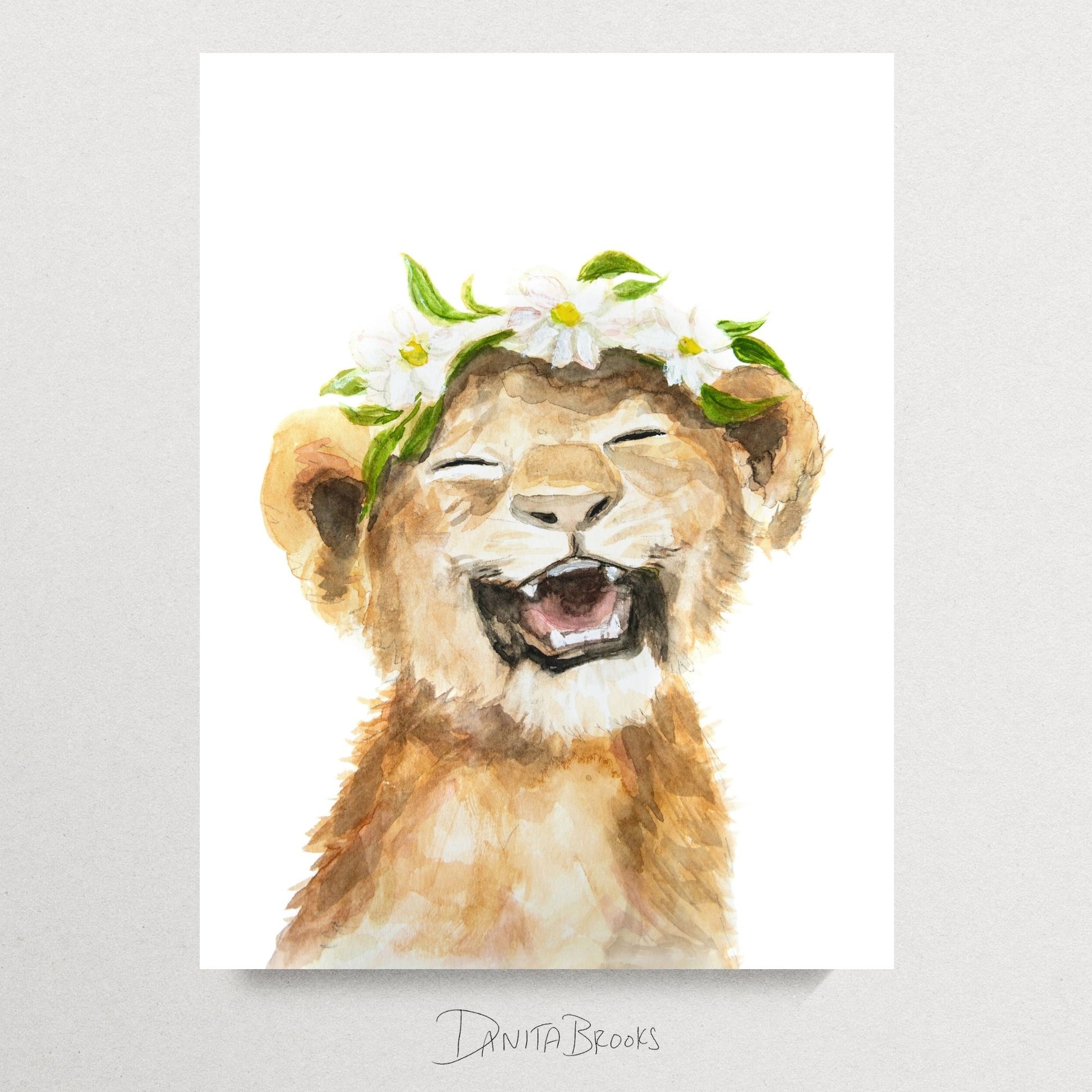 Unframed baby lion cub watercolor print with flower crown – safari baby girl nursery art
