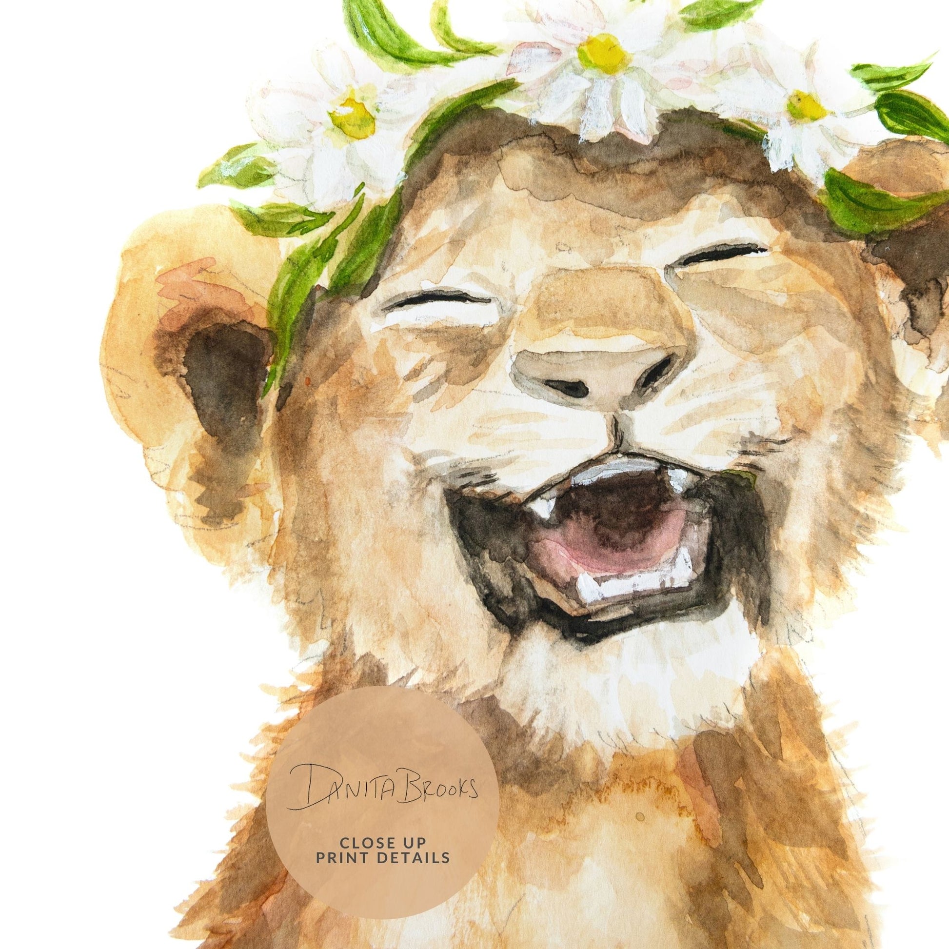 Close-up of lion cub flower crown art – sweet safari nursery animal print for baby girls