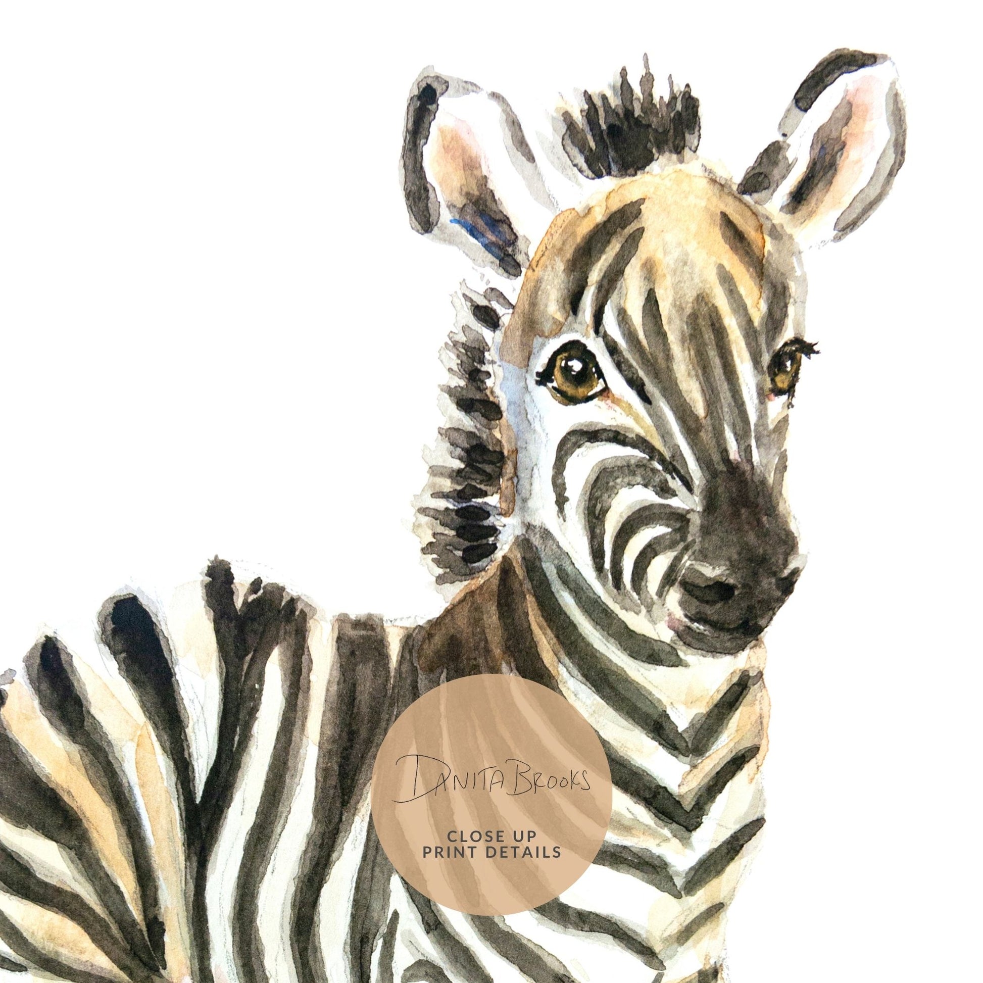 Close-up of watercolor zebra print – gentle safari animal art for gender-neutral nursery