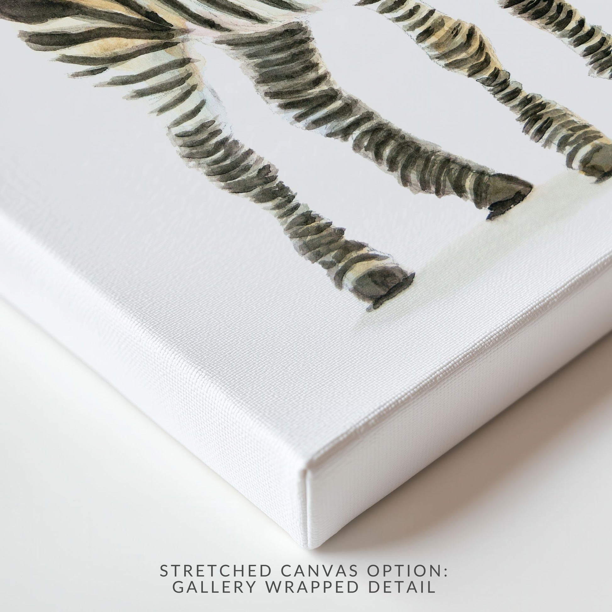 Close-up of canvas corner of stretched canvas option of watercolor zebra print – gentle safari animal art for gender-neutral nursery