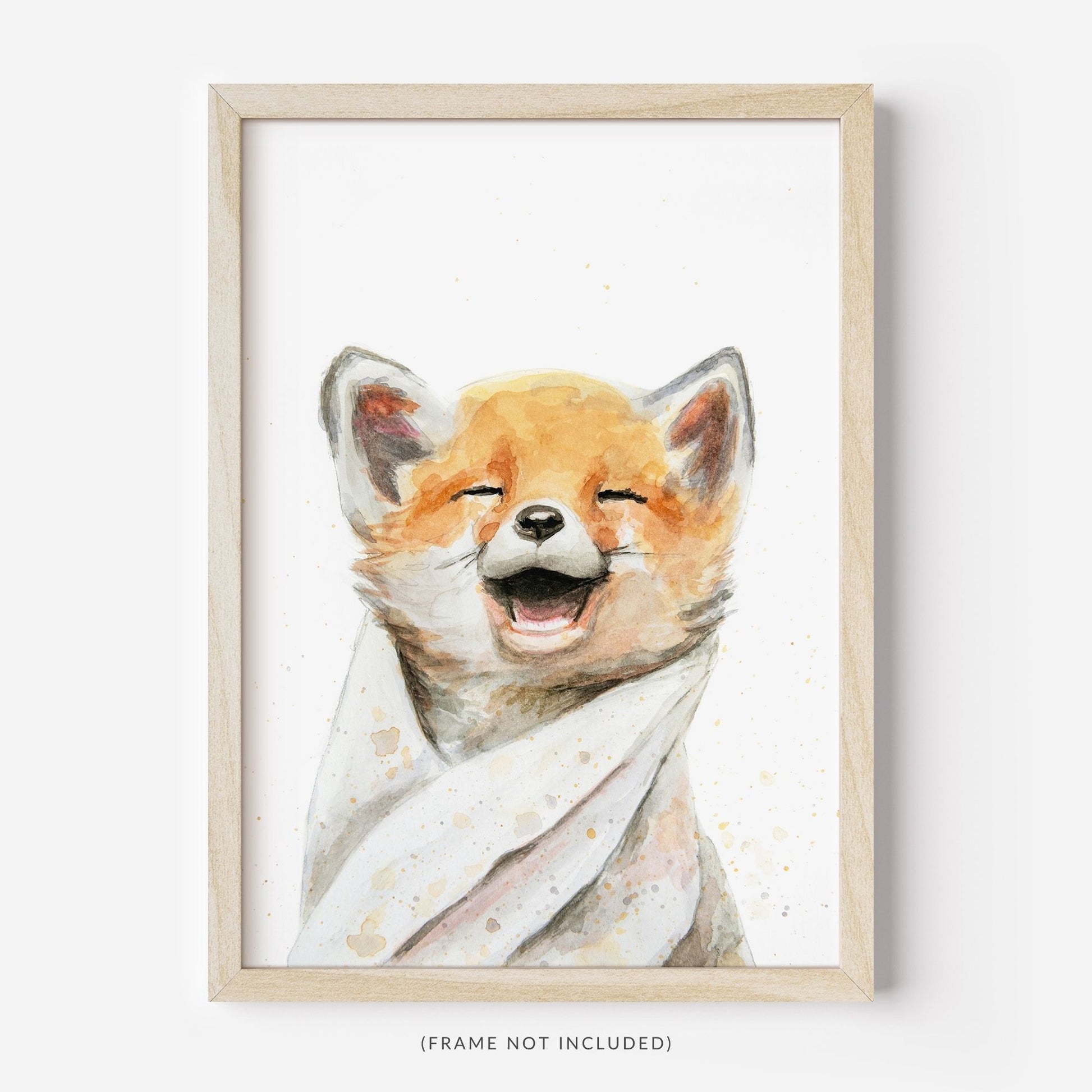 Bathtime Fox watercolor art print in wood frame – whimsical woodland nursery wall decor