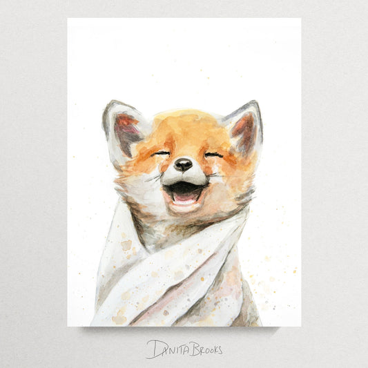 Bathtime Fox watercolor illustration – cute baby fox in bathtub art for kids room or nursery
