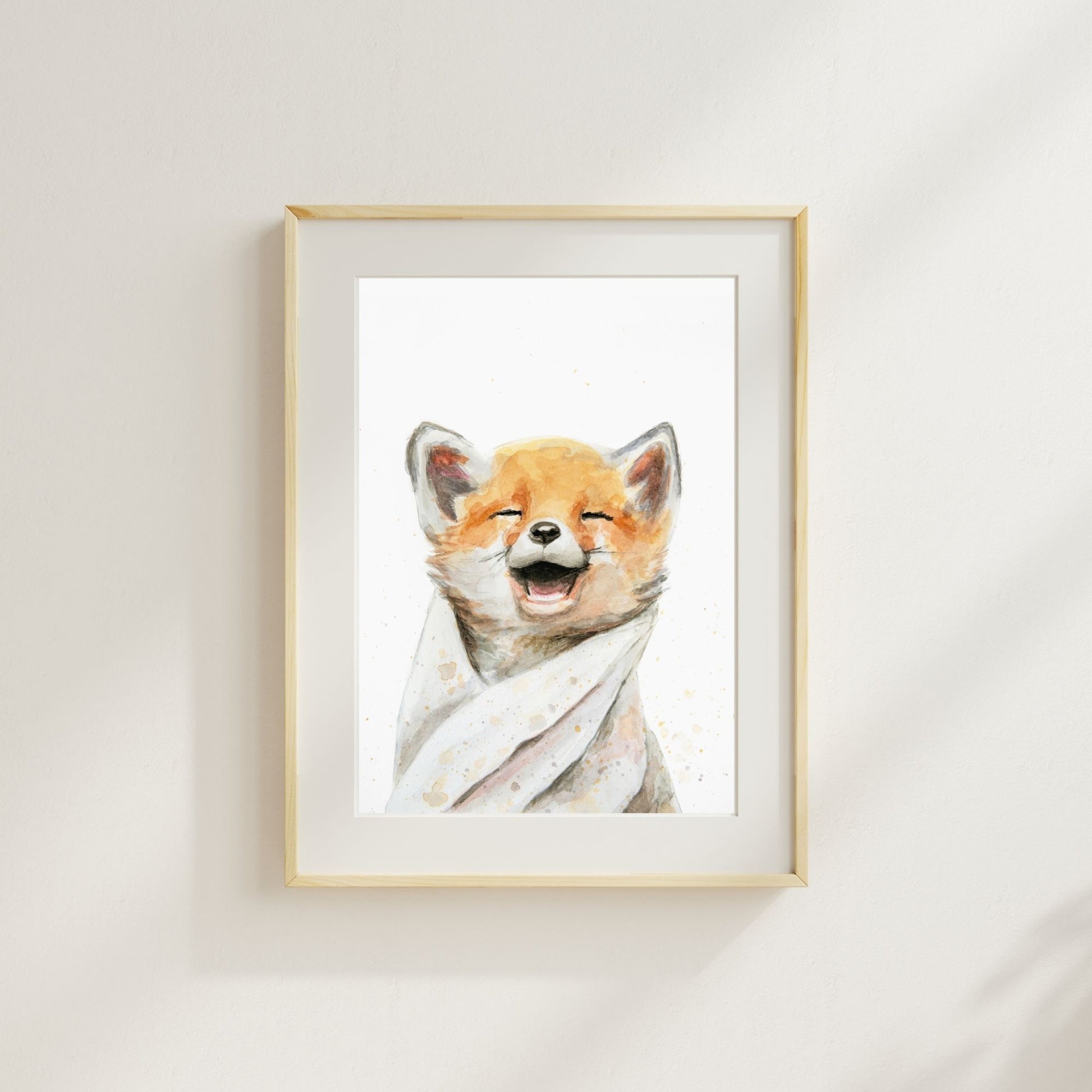 Fox in bathtub wall art in a matted frame – charming woodland animal decor art print