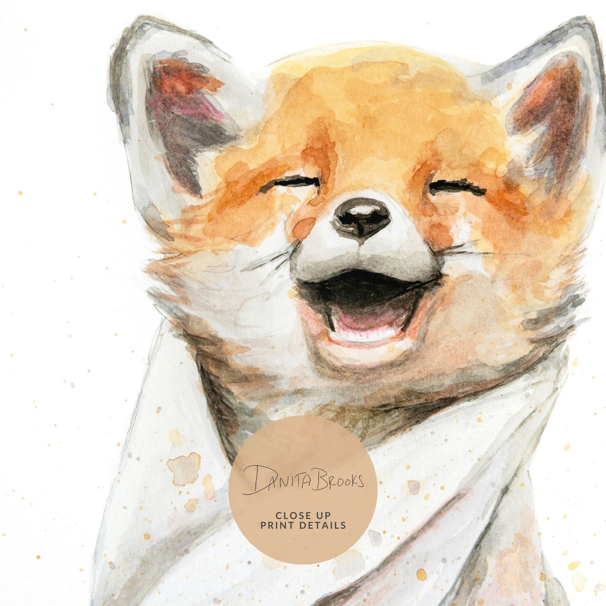 Detailed view of Bathtime Fox print showing soft watercolor texture and playful design