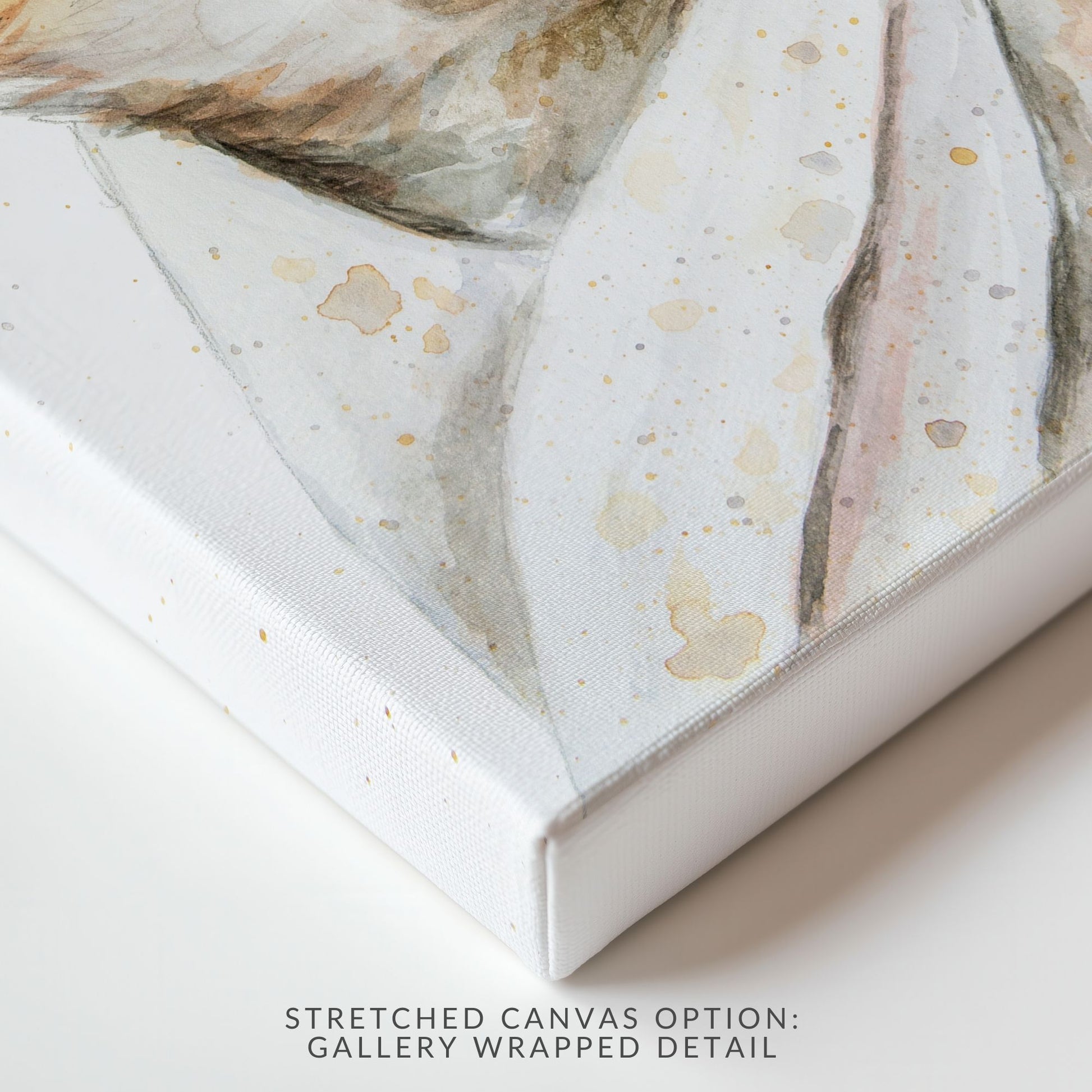 Close up detailed view of stretched canvas option of Bathtime Fox print showing soft watercolor texture and playful design