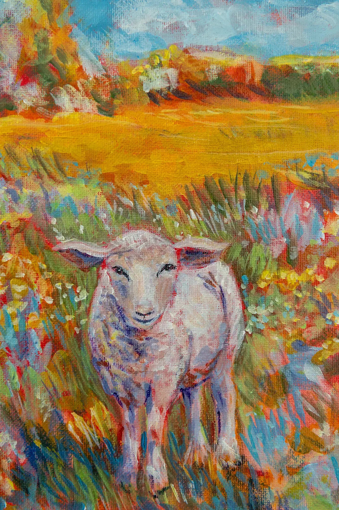 Close-up of lamb’s face in “Beloved” acrylic painting, showing delicate brushwork and expression