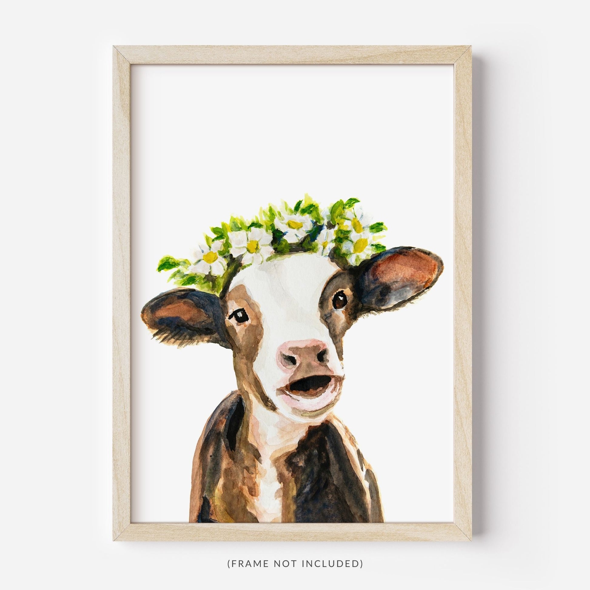 Watercolor brown cow art print in wooden frame – farmhouse nursery or kitchen wall decor