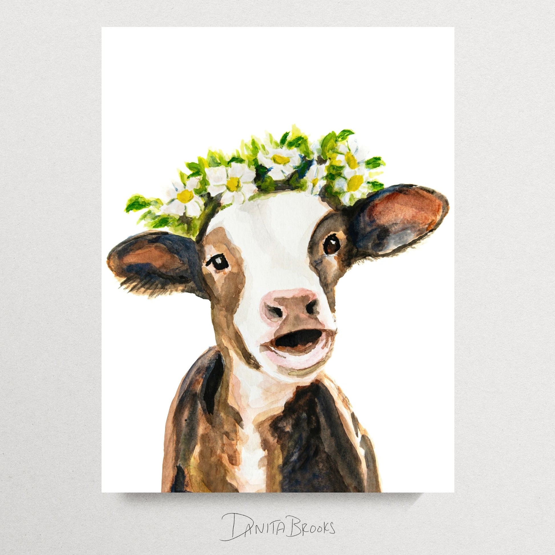Brown cow watercolor painting – rustic farm animal print for baby nursery or country home