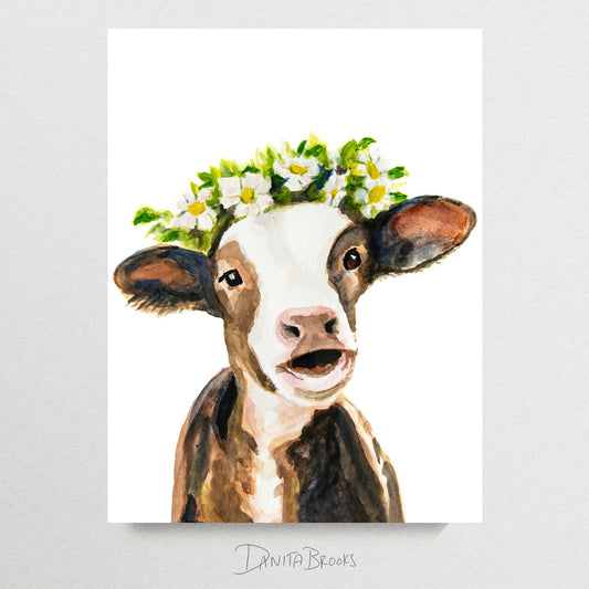 Brown cow watercolor painting – rustic farm animal print for baby nursery or country home
