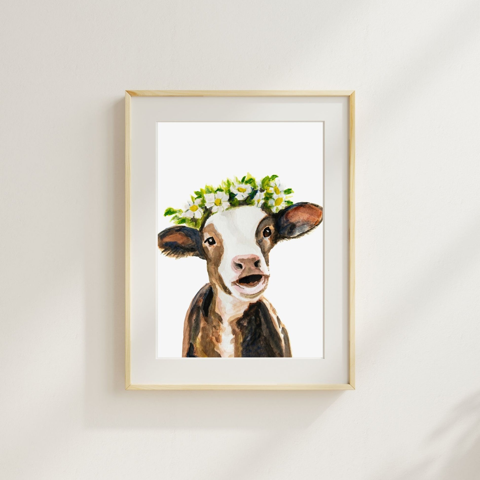 Farmhouse cow print styled in a frame with a mat – sweet country animal wall art