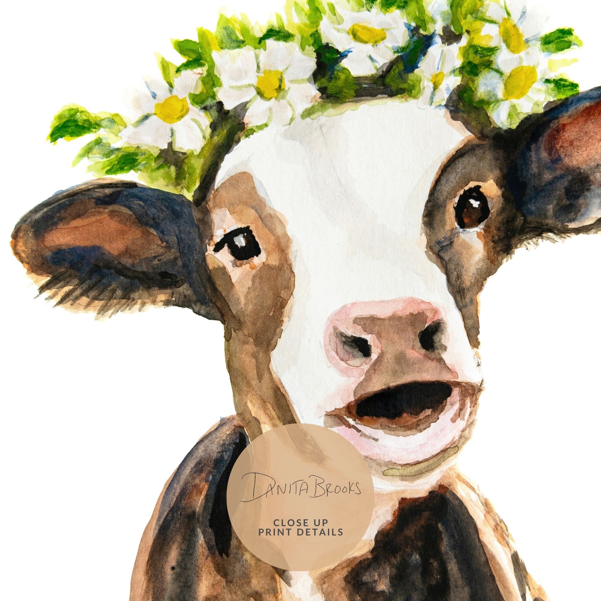 Detailed view of brown cow watercolor print showing soft brush strokes and gentle expression