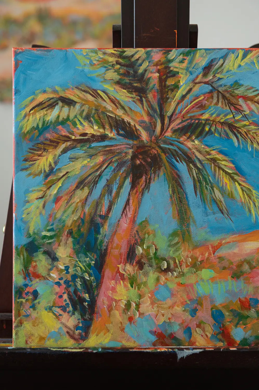 Close-up of palm tree and blue sky brushwork in "Clear Skies Ahead" original acrylic painting
