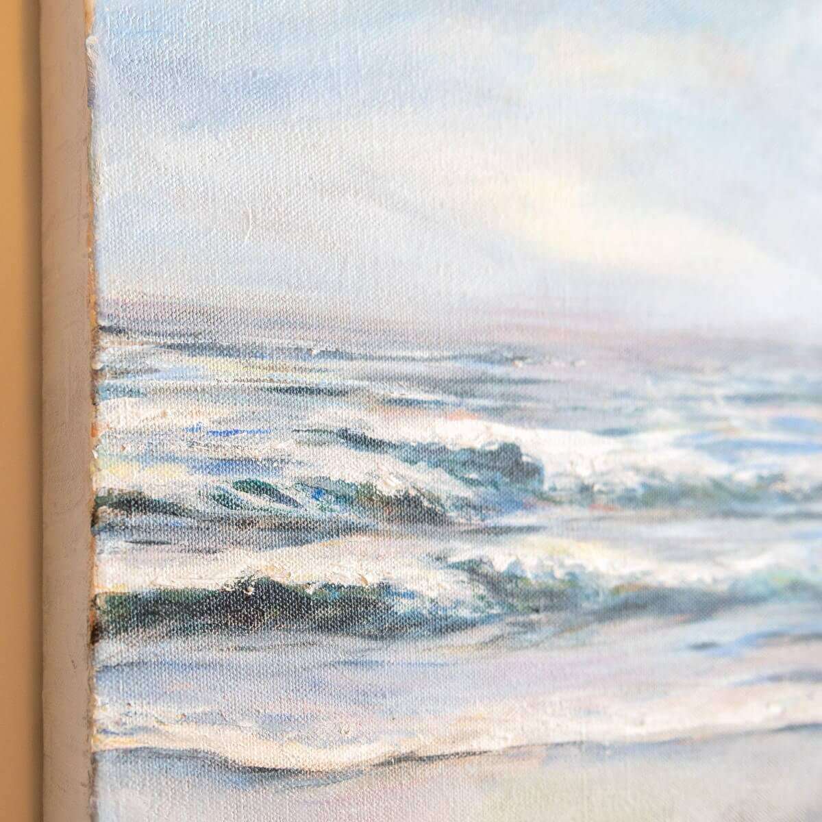 Close-up of the wave texture and layered oil brushstrokes in "Fresh Start" seascape painting