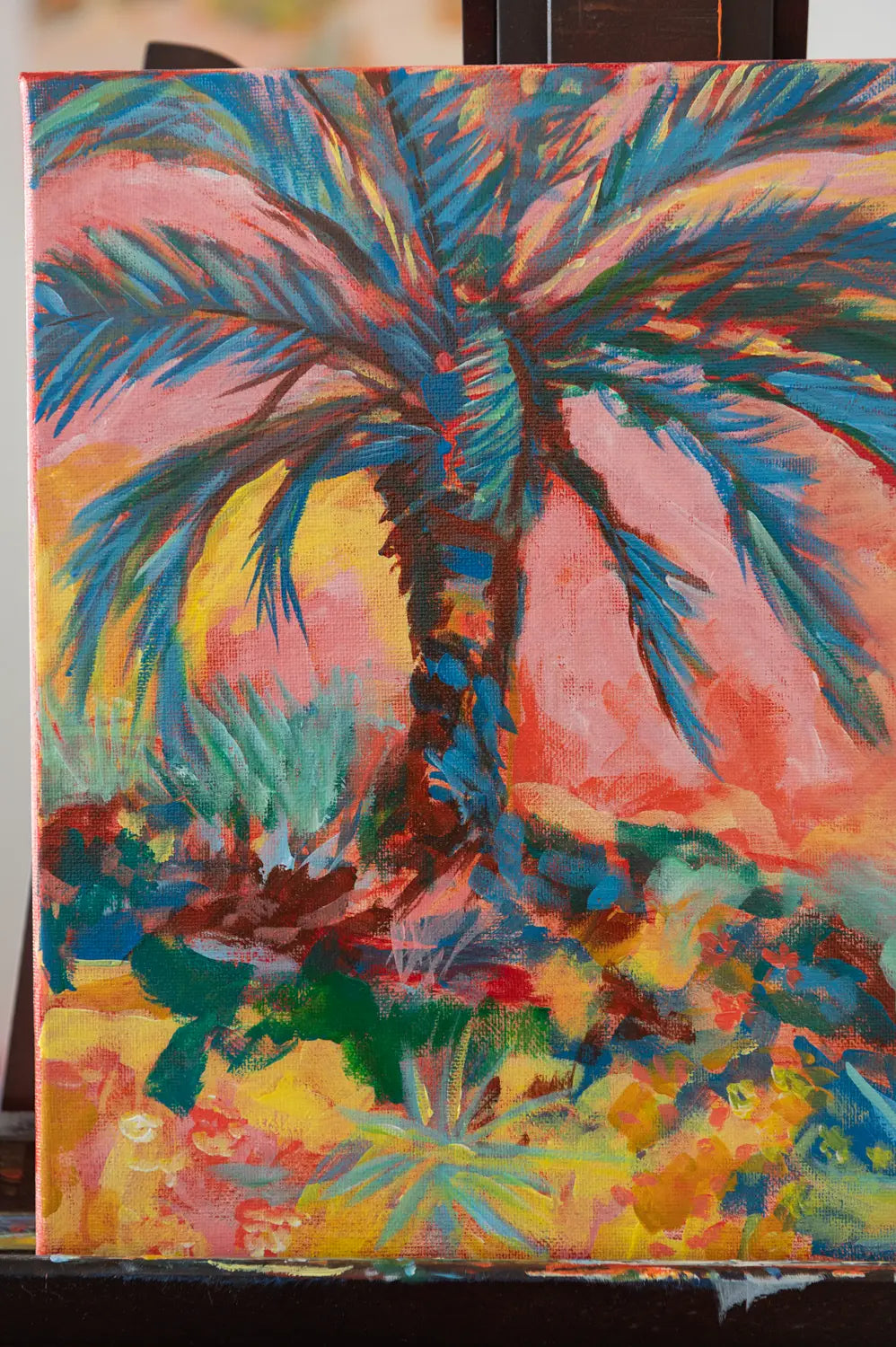 Close-up of sunset colors and palm tree detail in the original acrylic painting "Everlasting Sunset"