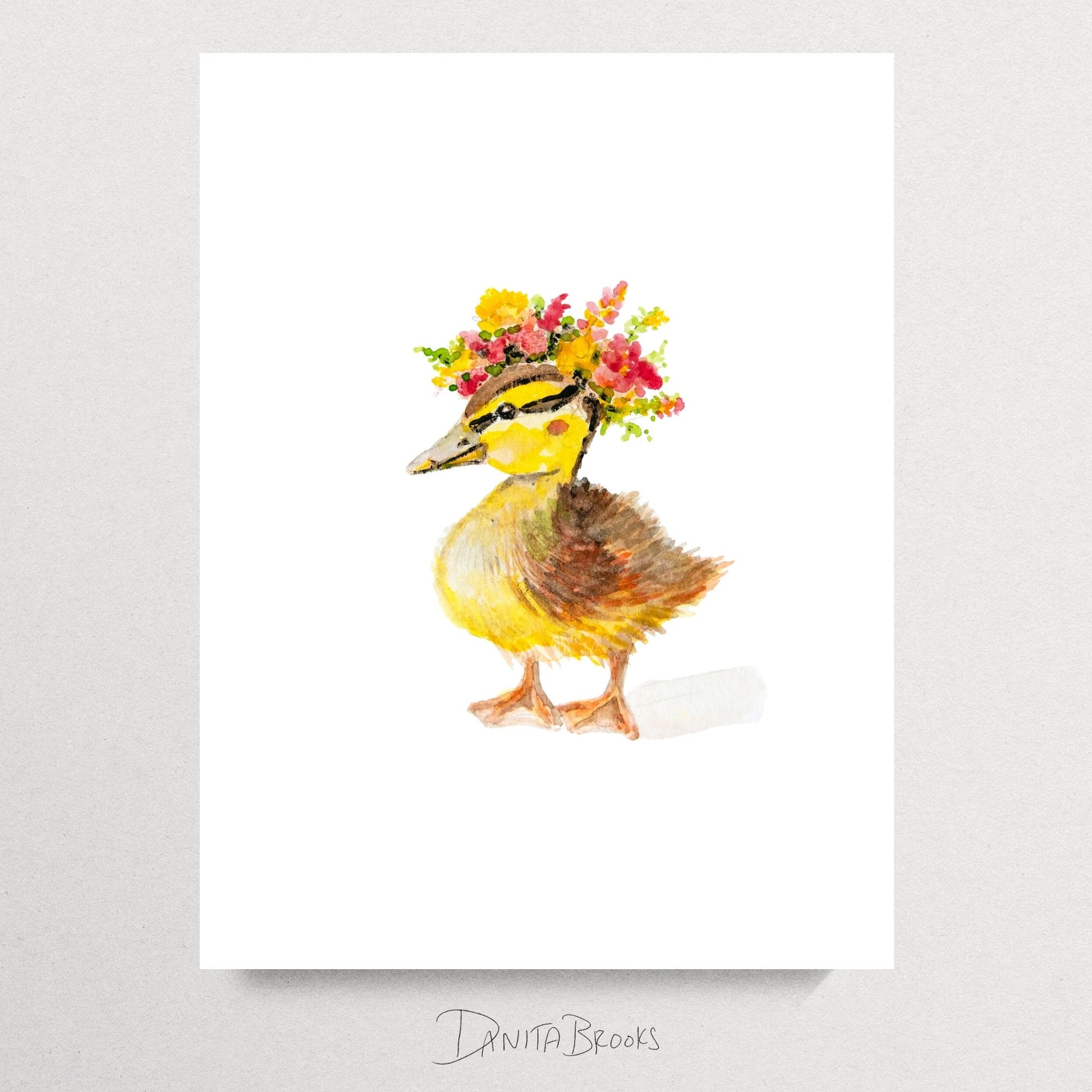 Unframed duck watercolor painting with floral crown – soft farm animal nursery print for baby girl’s room