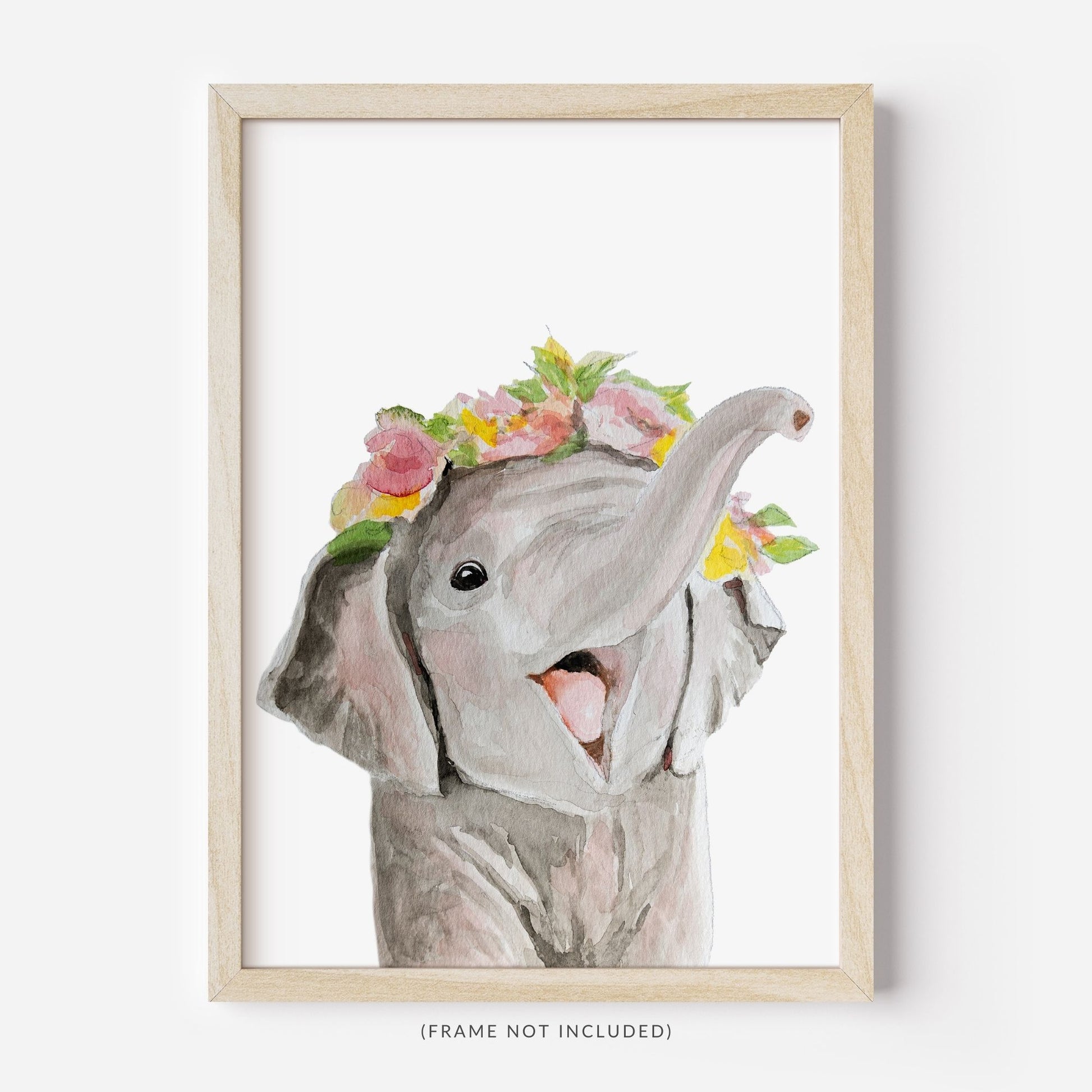 Framed watercolor elephant with flower crown nursery wall art print