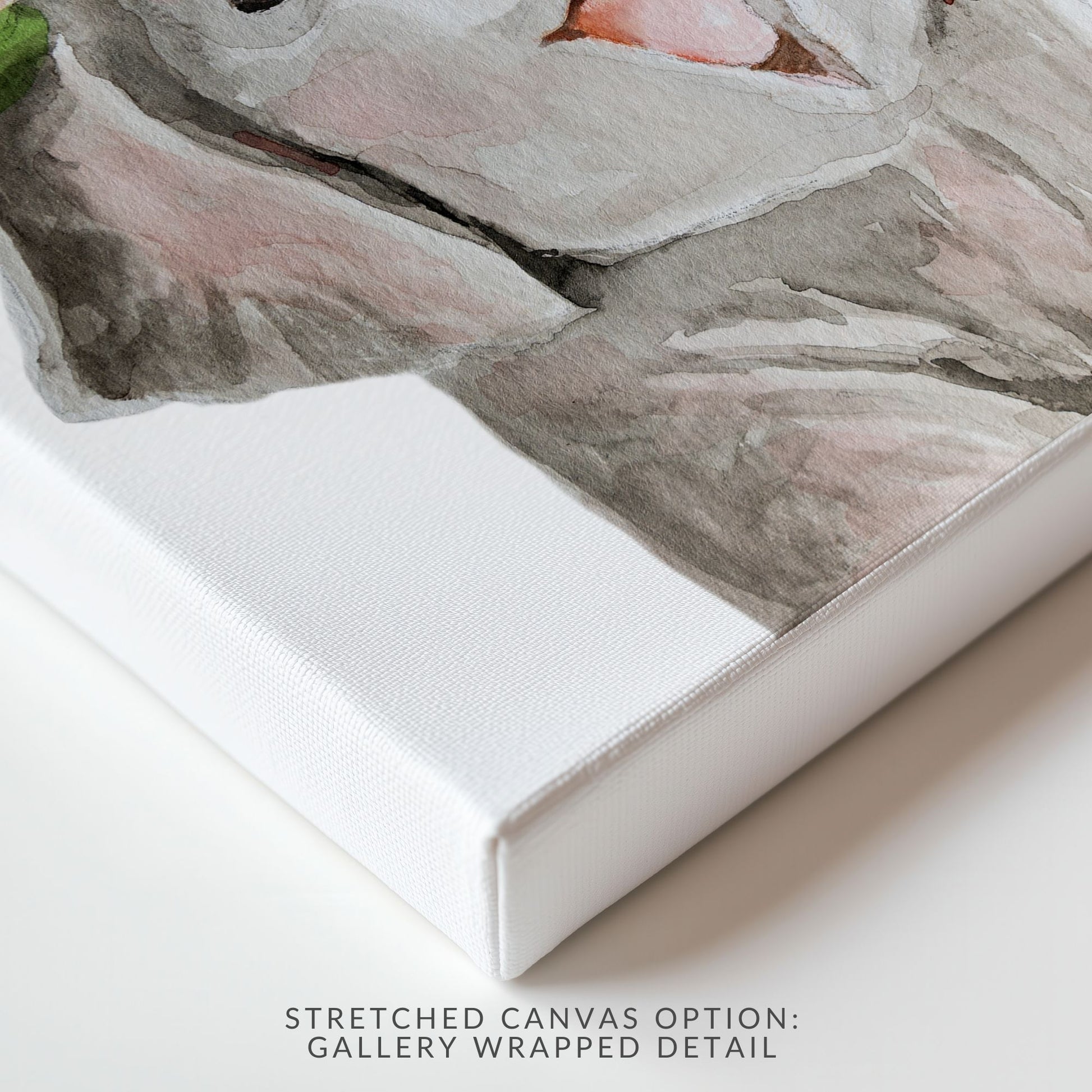 Stretched canvas print of watercolor elephant with flower crown showing gallery-wrapped edges and texture