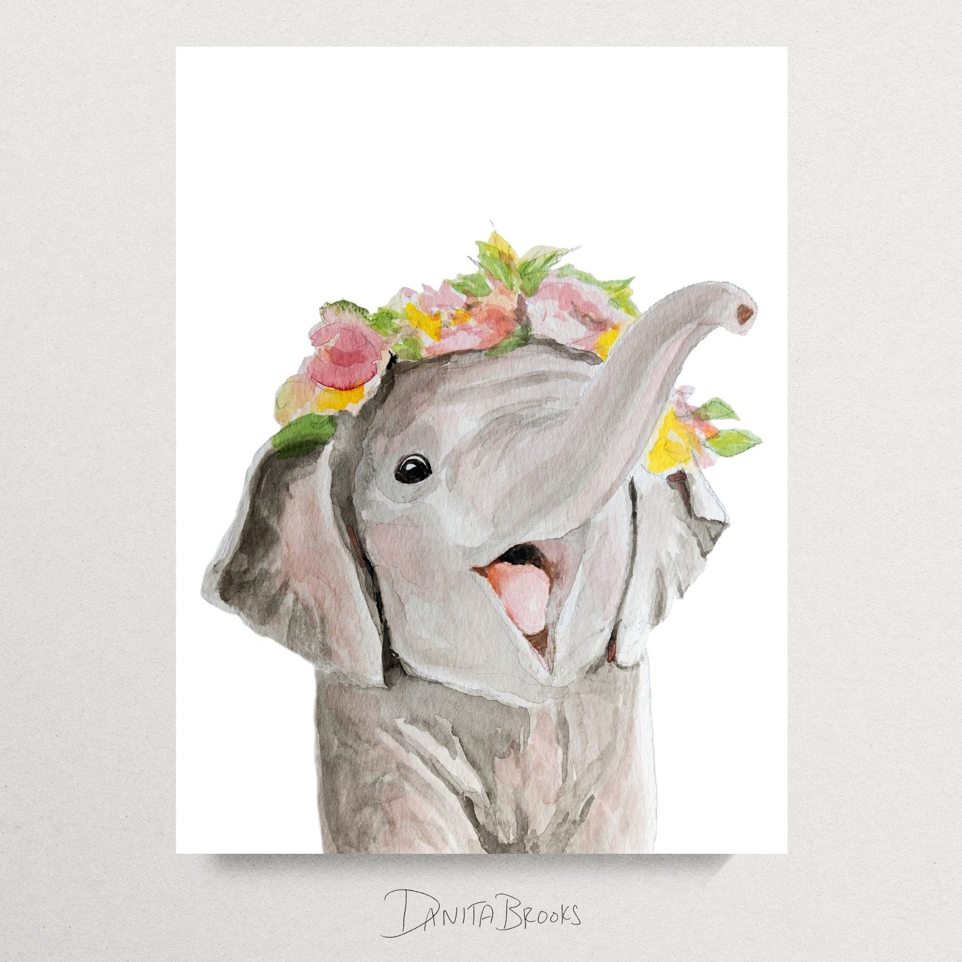 Unframed watercolor elephant with flower crown art print on white background