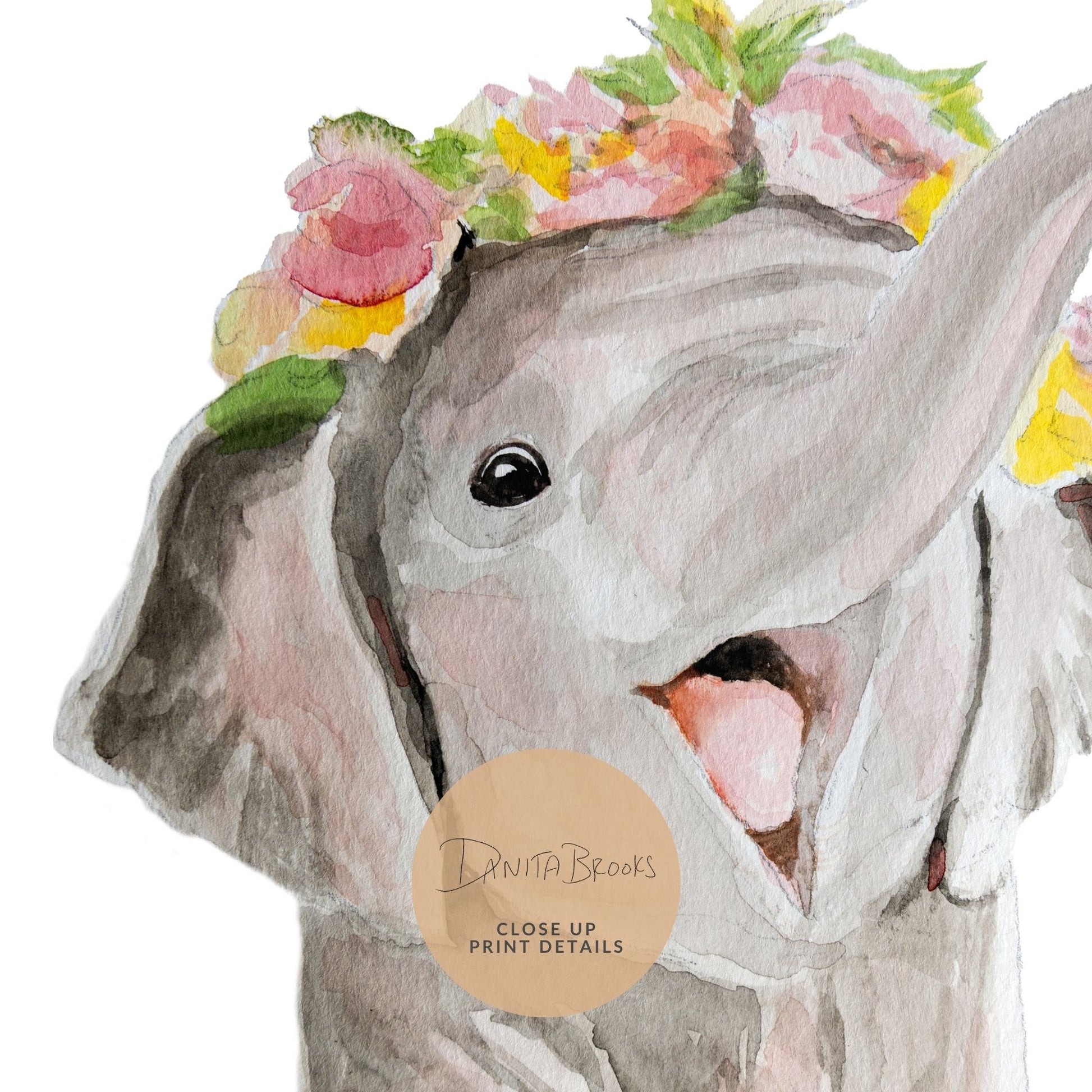 Close-up detail of watercolor elephant with flower crown art print showing soft brushstrokes and pastel florals
