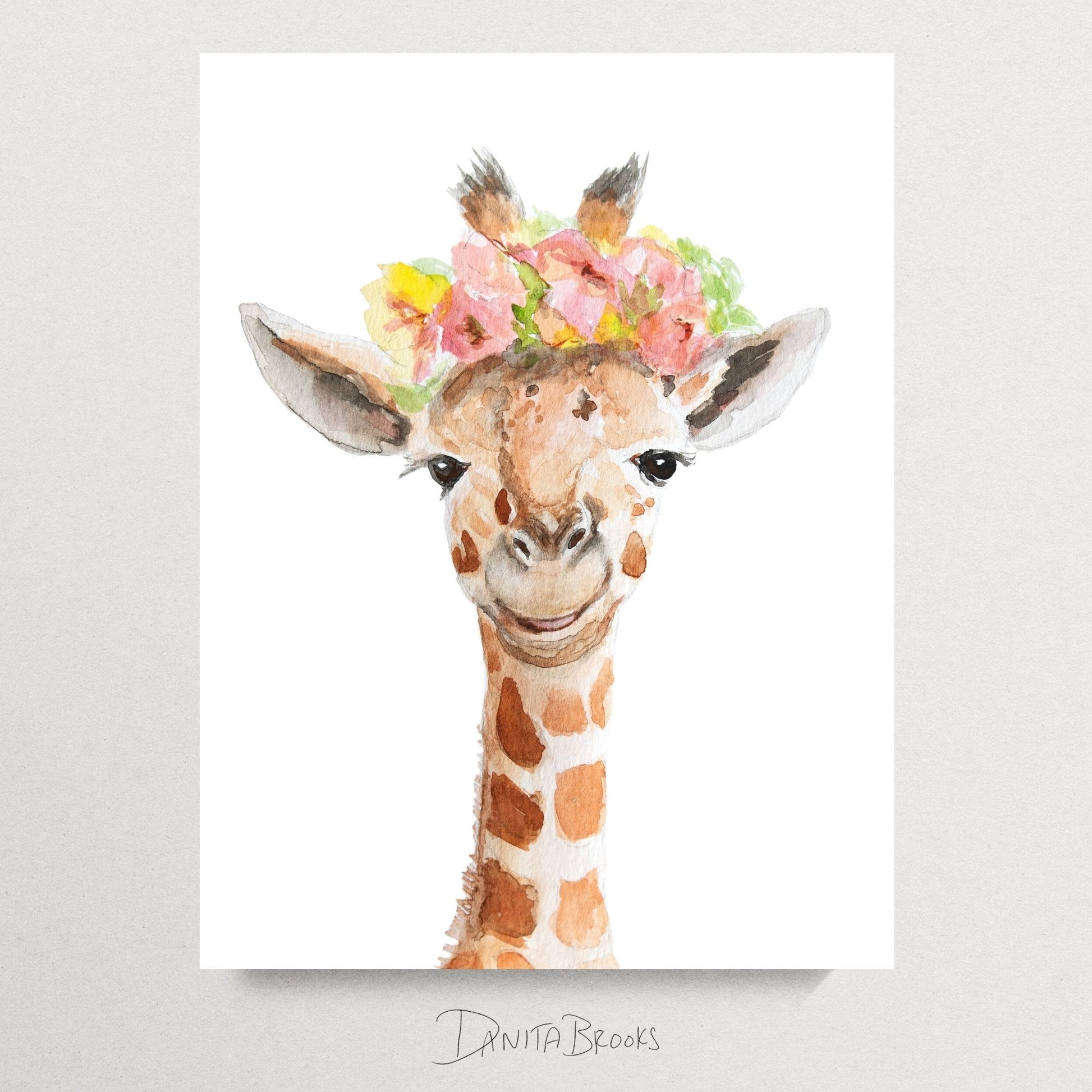 Unframed watercolor giraffe with flower crown art print on white background