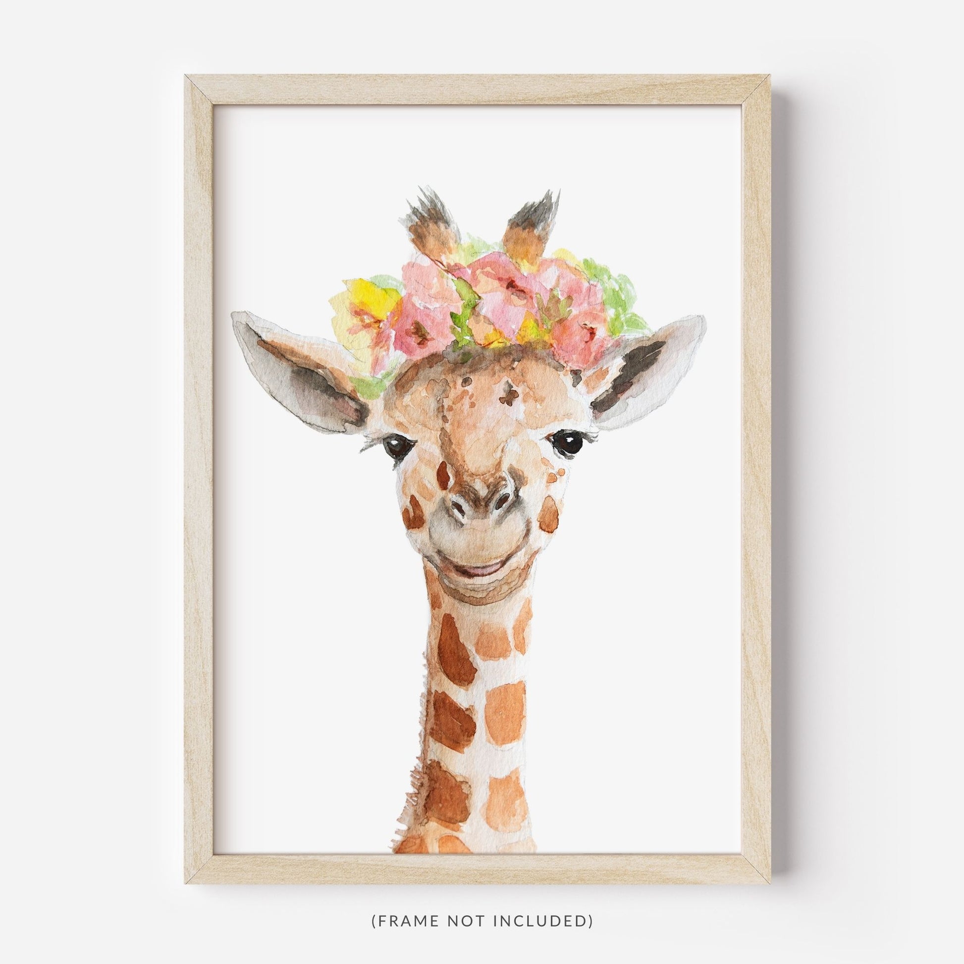 Framed watercolor giraffe with flower crown nursery wall art print