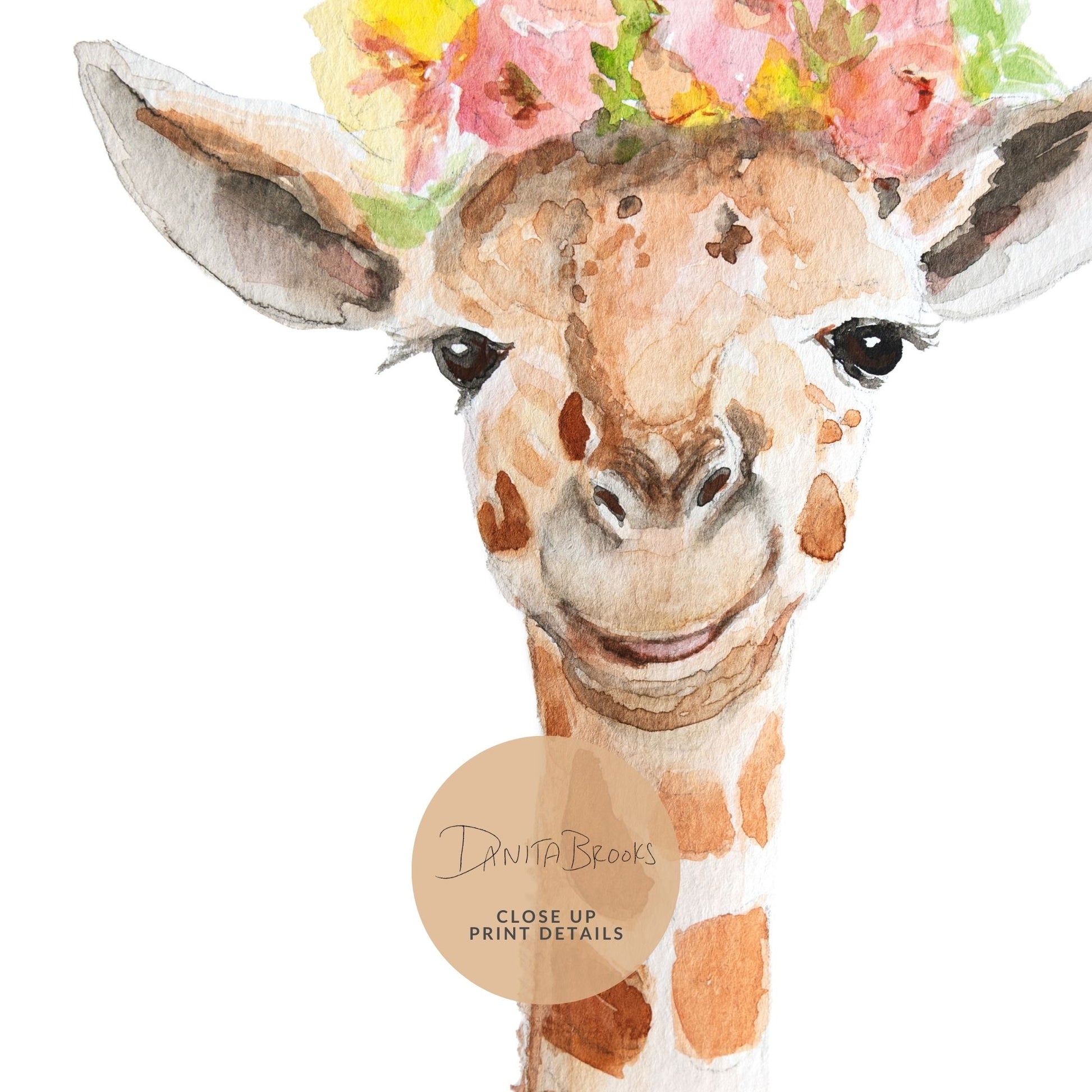 Close-up detail of watercolor giraffe with flower crown art print showing brushstrokes and texture