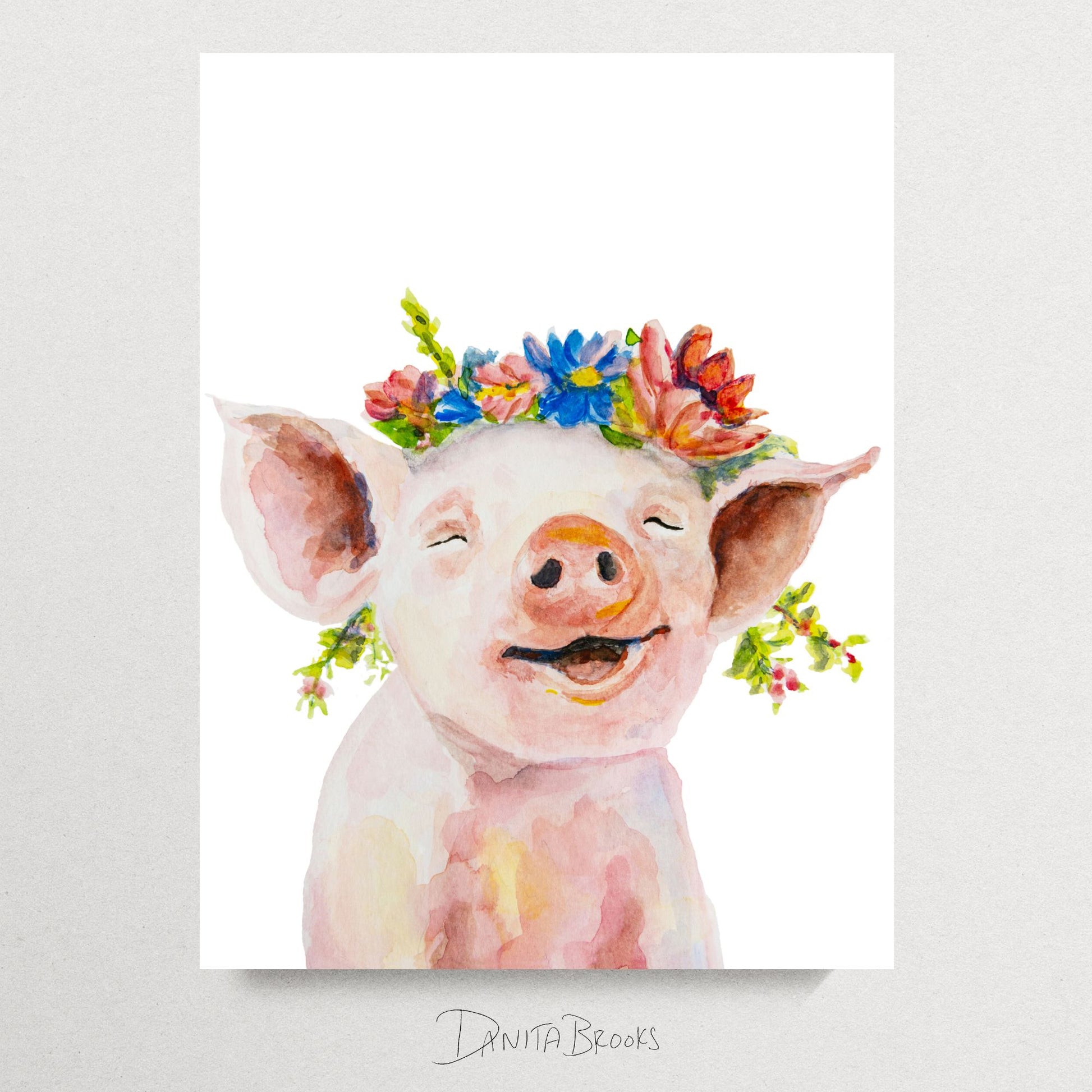 Watercolor pig print with flower crown – baby farm animal wall art for nursery or kids room