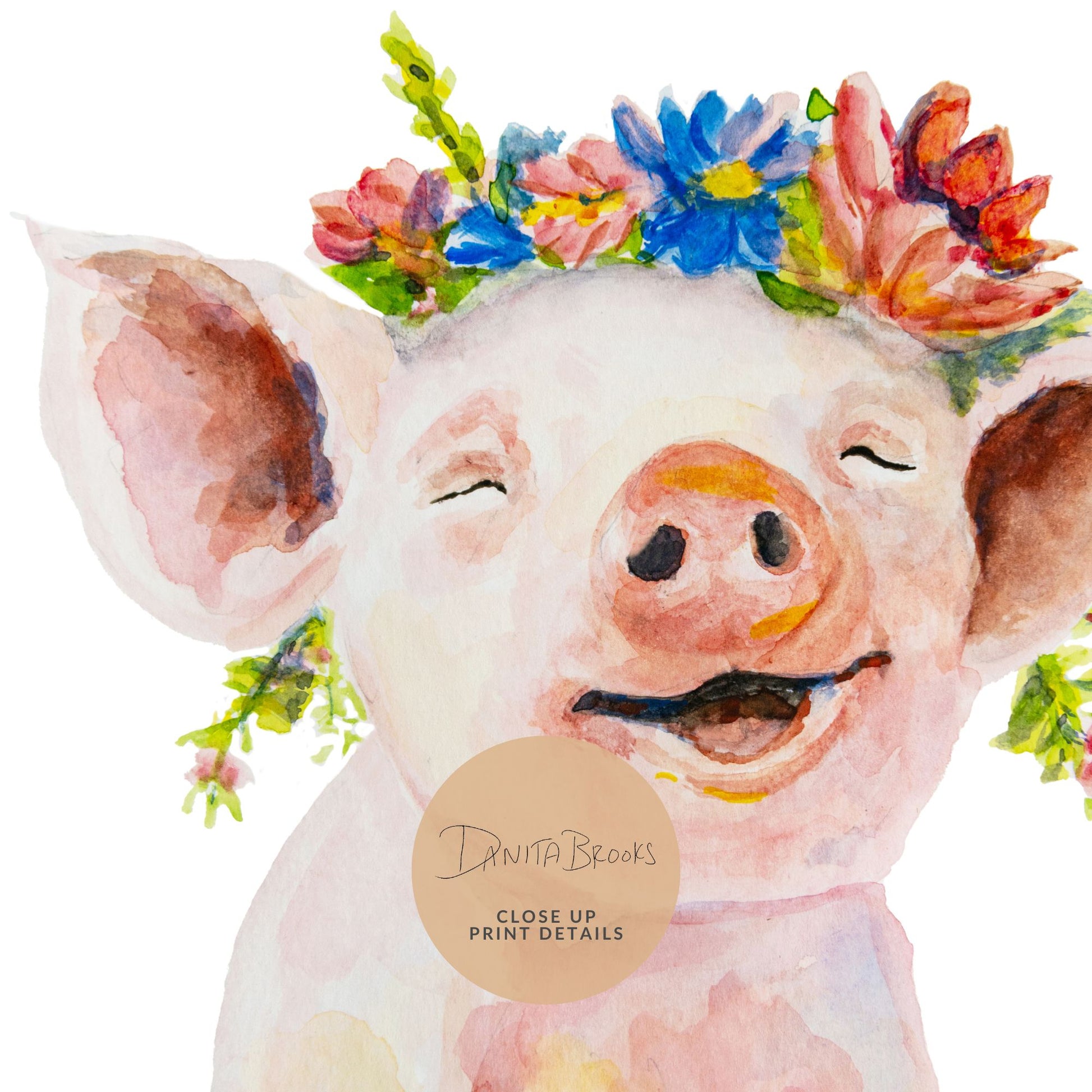 Detailed close-up of floral crown pig print showing soft watercolor texture and sweet piglet face