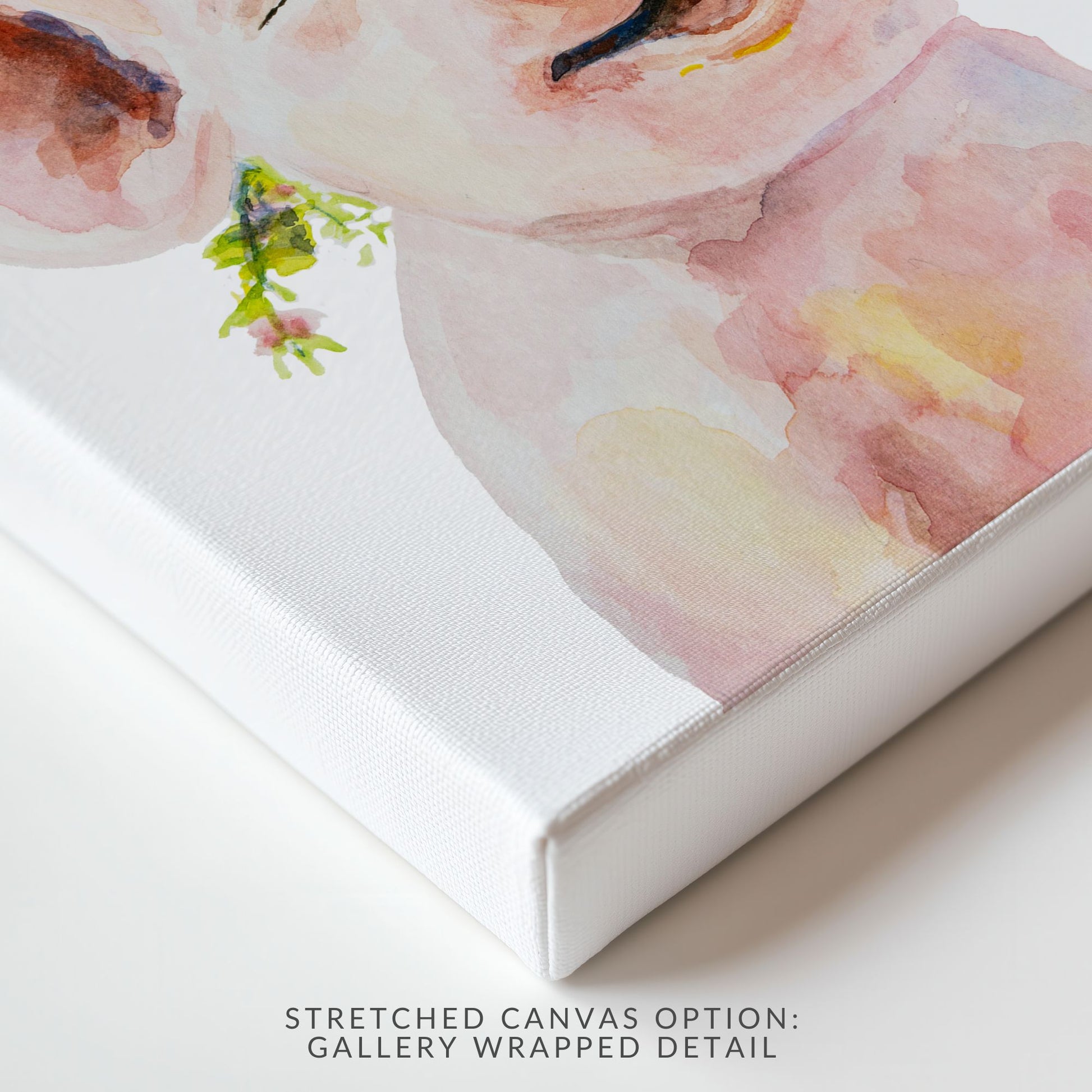 Close-up details of stretched canvas option of floral crown pig print showing soft watercolor texture and sweet piglet face